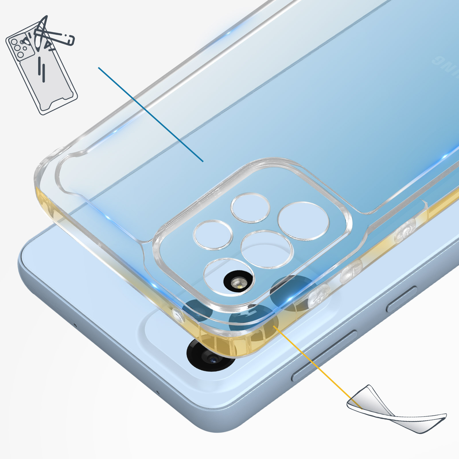 Transparante telefoonhoes, over blauwe telefoon, met uitgesneden diagram.