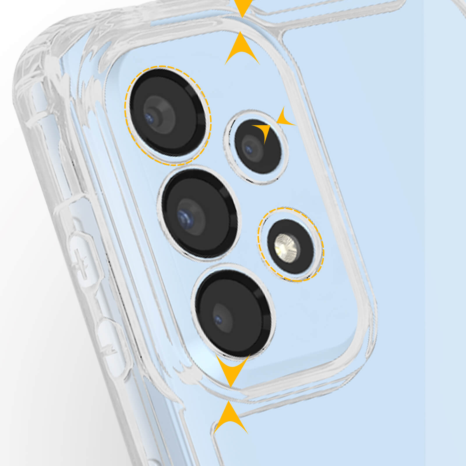 Close-up van een telefoon met de cameralenzen zichtbaar. De hoes is transparant.