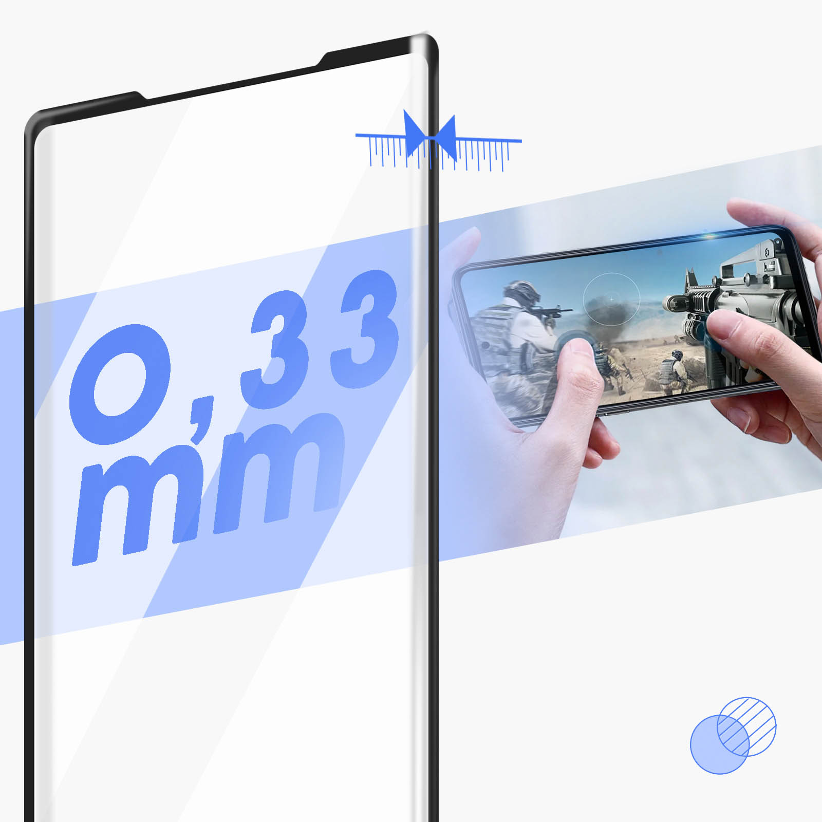 Una protezione per lo schermo da 0,33 mm, con un telefono che mostra un gioco. Elementi grafici blu.