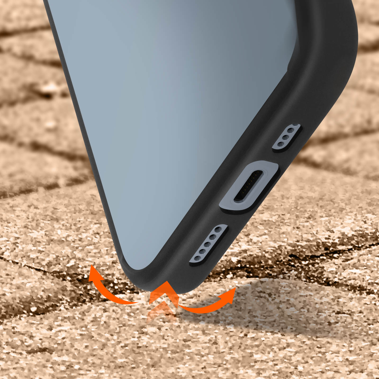 Etui na telefon w piasku, ze strzałkami uderzenia, pokazującymi ochronę, i widok z bliska.