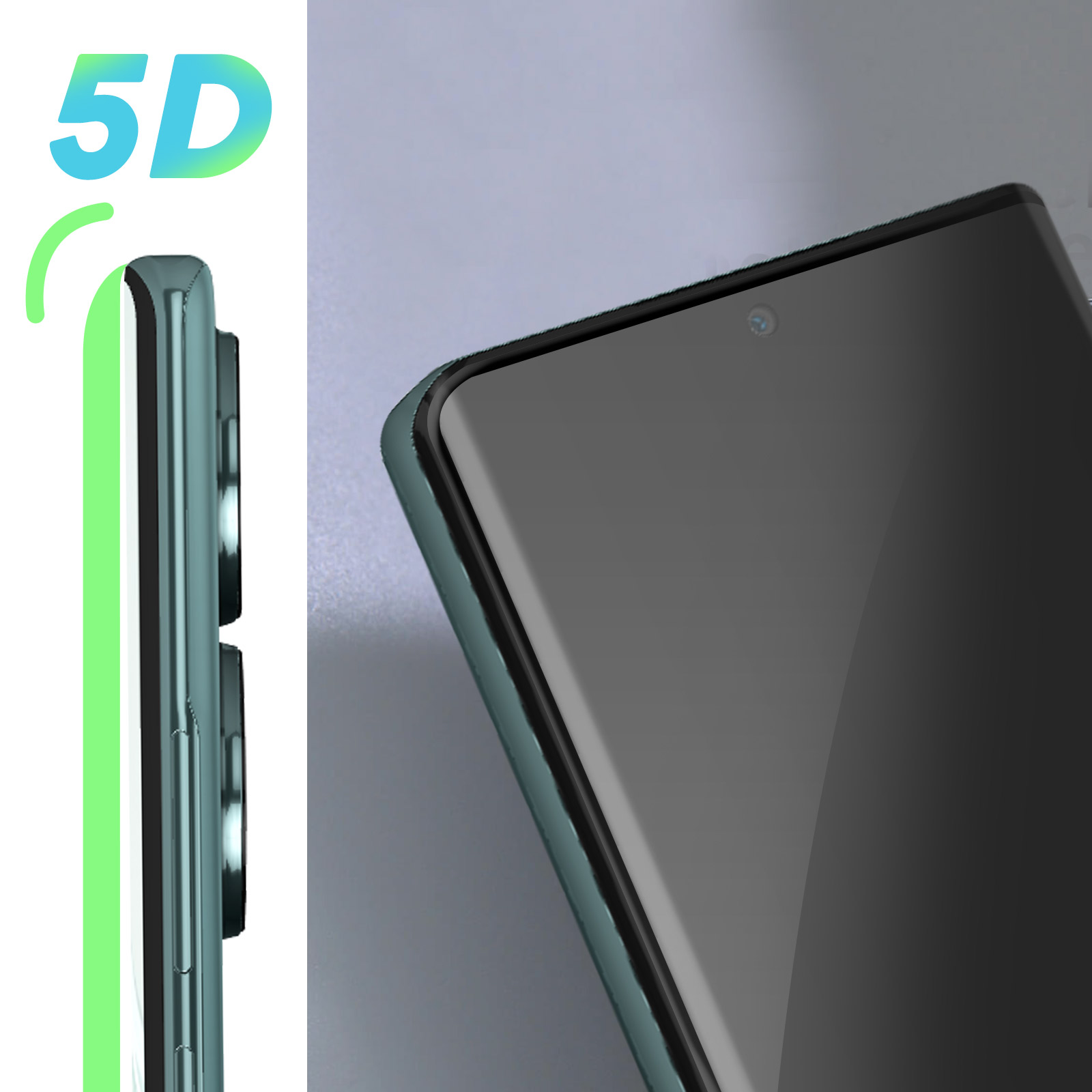Primo piano del bordo di un telefono. Il bordo è verde, con la parola "5D" e una linea curva.
