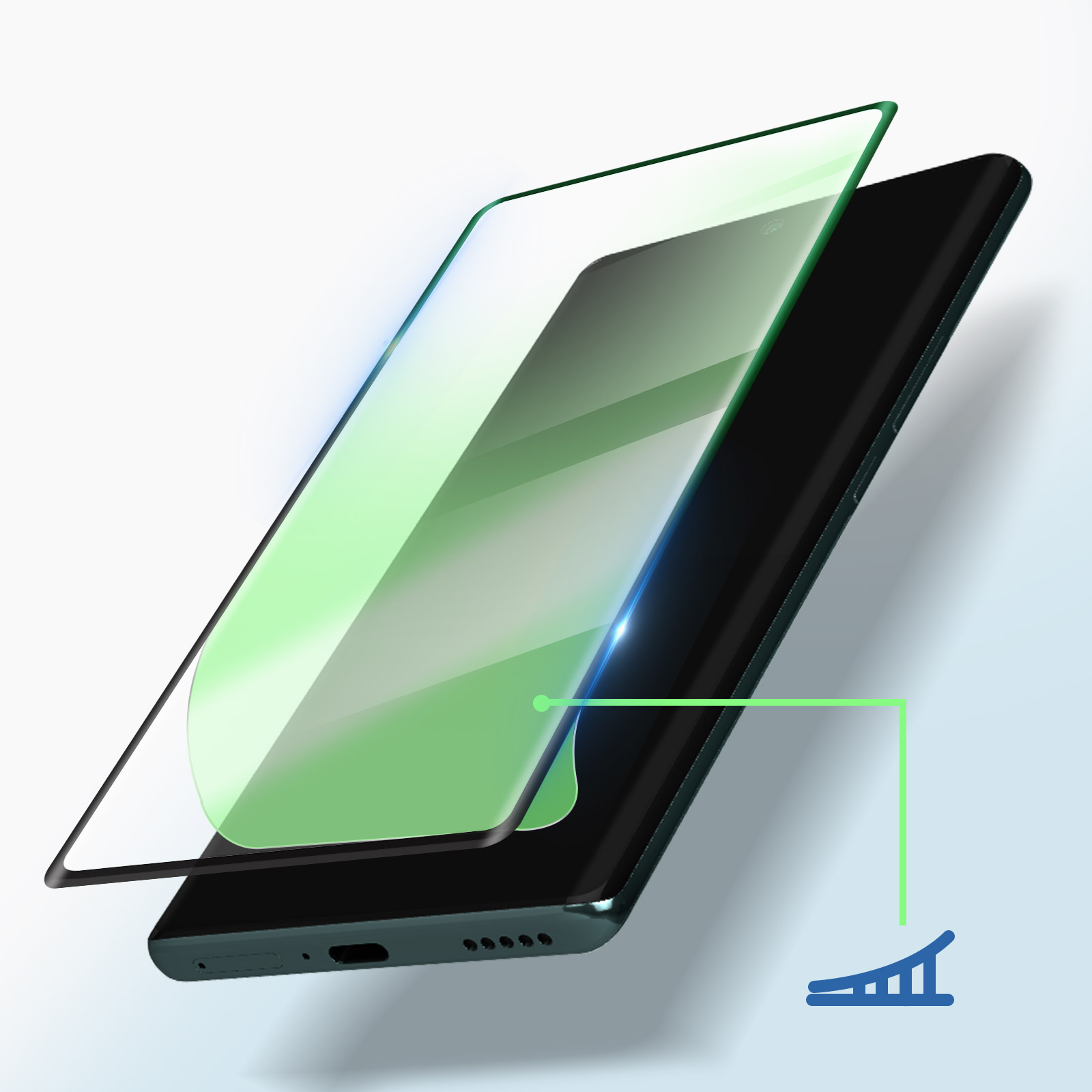 Telefono con protezione schermo, grafica verde e telefono scuro.
