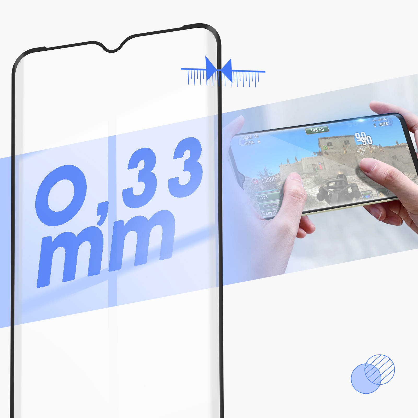 Un protecteur d'écran de smartphone avec le texte '0,33 mm' et un téléphone affichant un jeu.