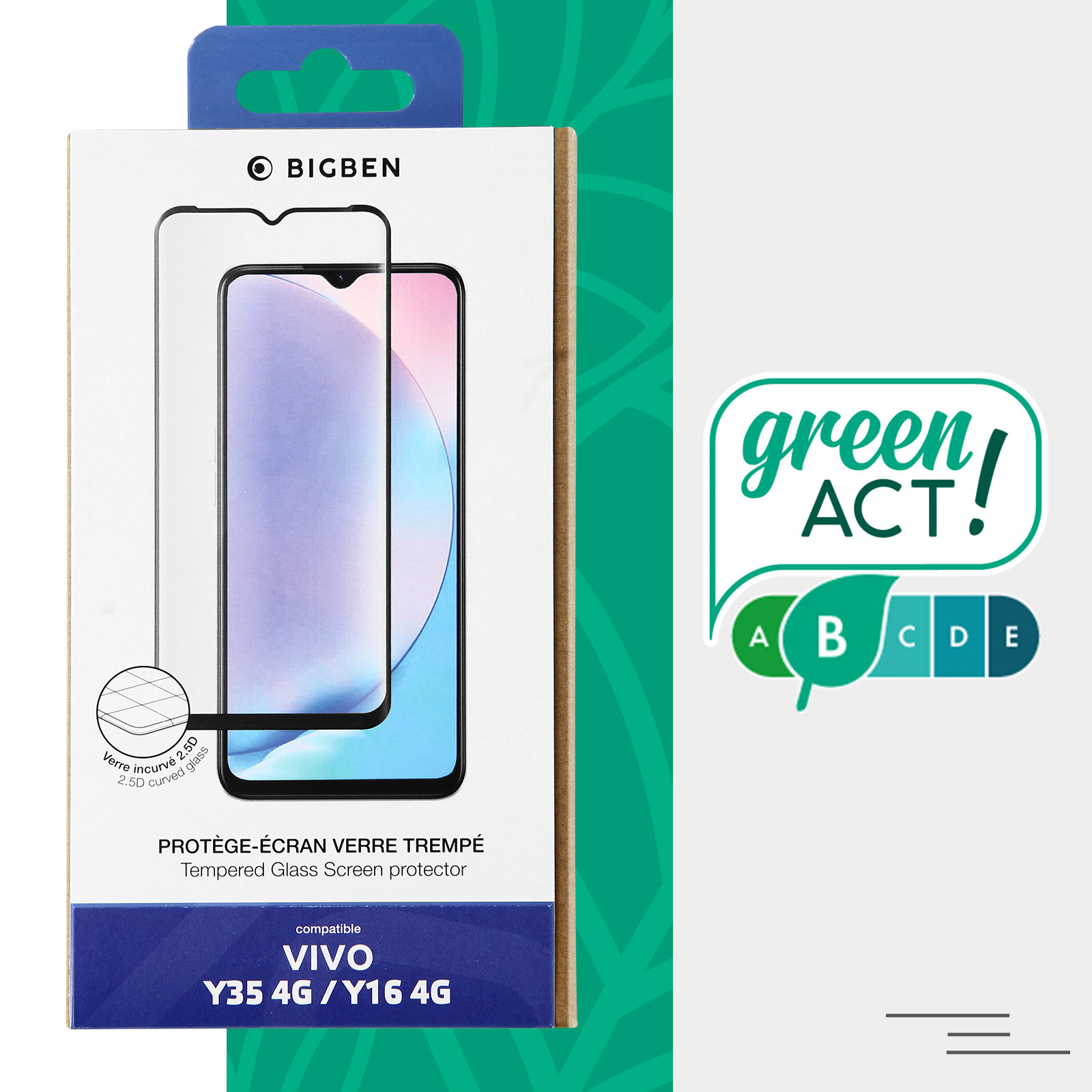 Boîte avec protection d'écran en verre pour téléphone. Il a un écran transparent sur l'écran. Logo ACT! vert.