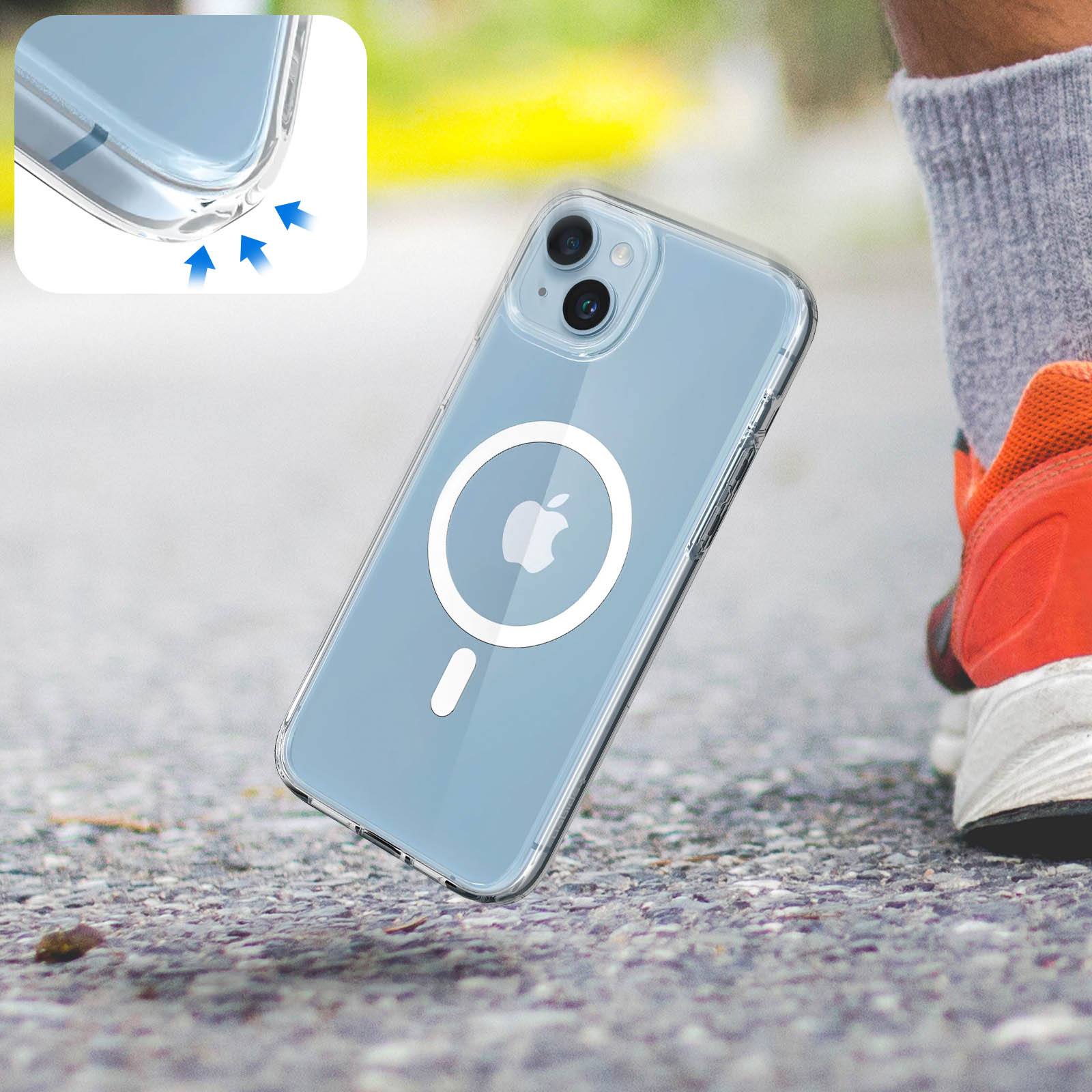 Coque transparente avec logo Apple, sur une jambe avec chaussure de course.