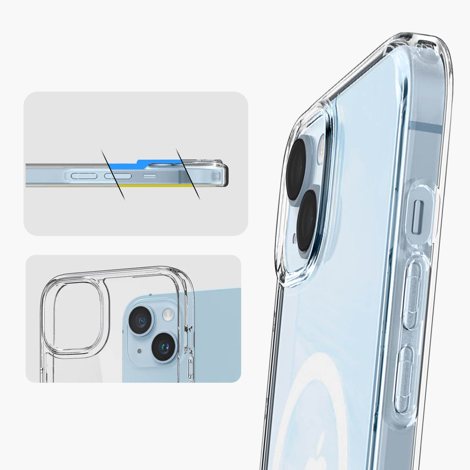 Transparante telefoonhoes met een telefoon erin en diagrammen.