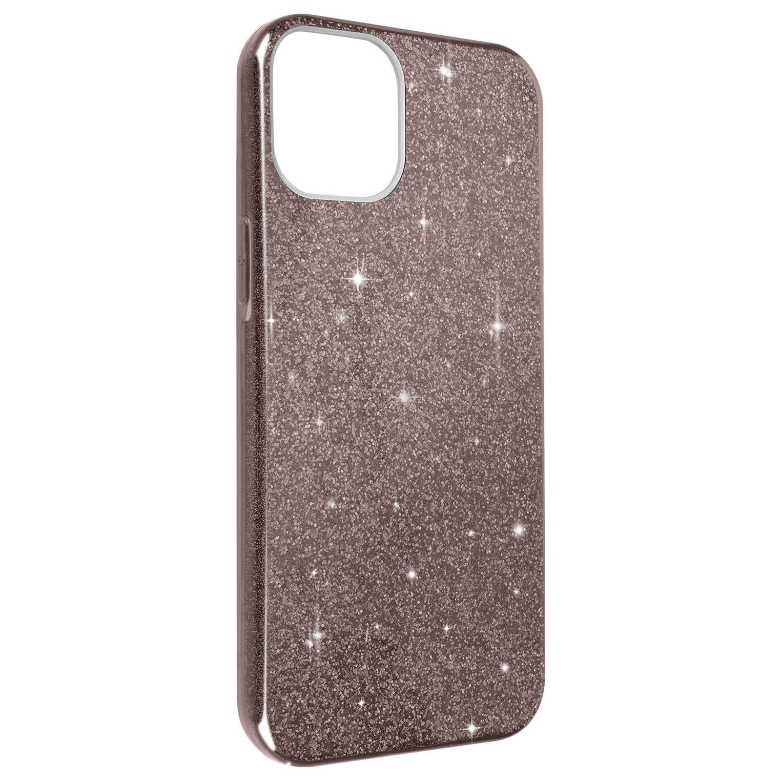 Coque de téléphone pailletée, or rose. L'étui est lisse et réfléchissant, avec des découpes caméra.