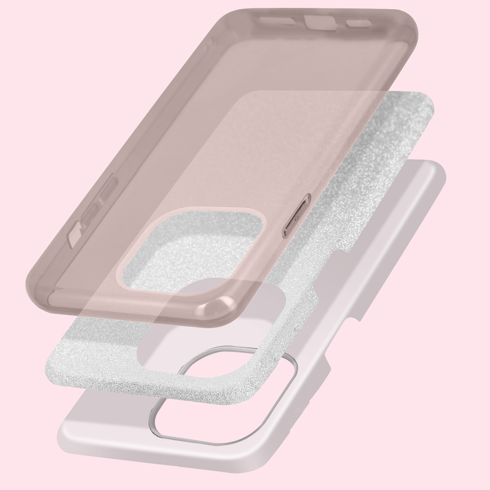 Coque de téléphone rose en couches. Haut et bas roses, couche intermédiaire argentée. Fond rose.