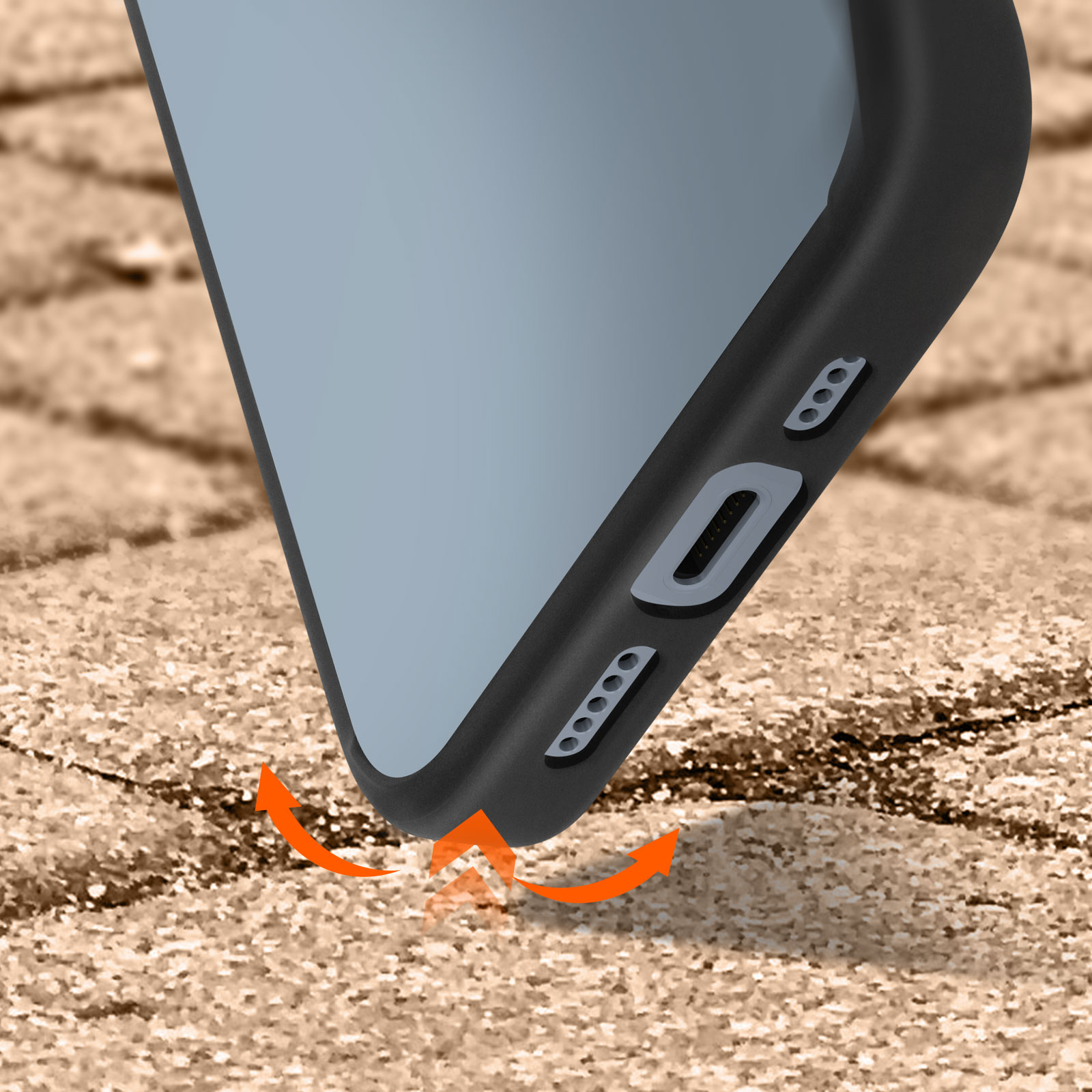 Eine Handyhülle fällt auf Sand, mit Pfeilen, die den Aufprall anzeigen.