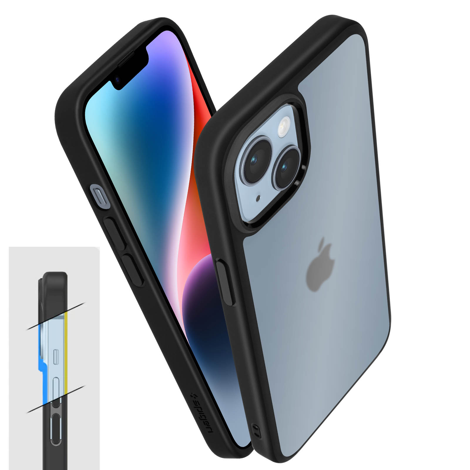 Schwarze Handyhülle mit klarer Rückseite, mit einem Telefon darin. Eine Seitenansicht wird ebenfalls gezeigt.