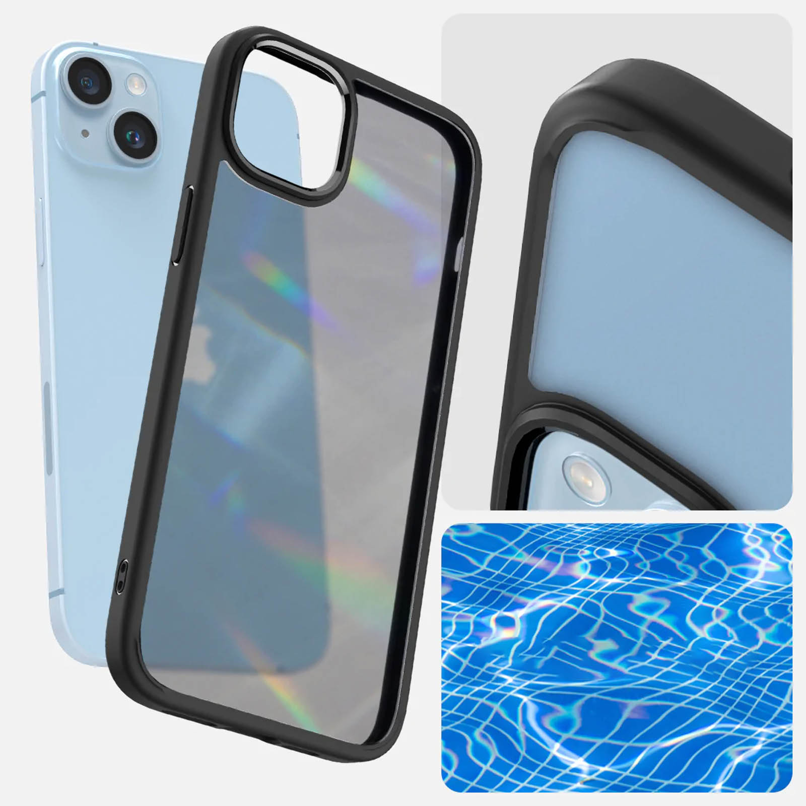 Ein Telefon mit schwarzem Gehäuse, eine Nahaufnahme des Gehäuses und ein Bild von blauem Poolwasser werden gezeigt.