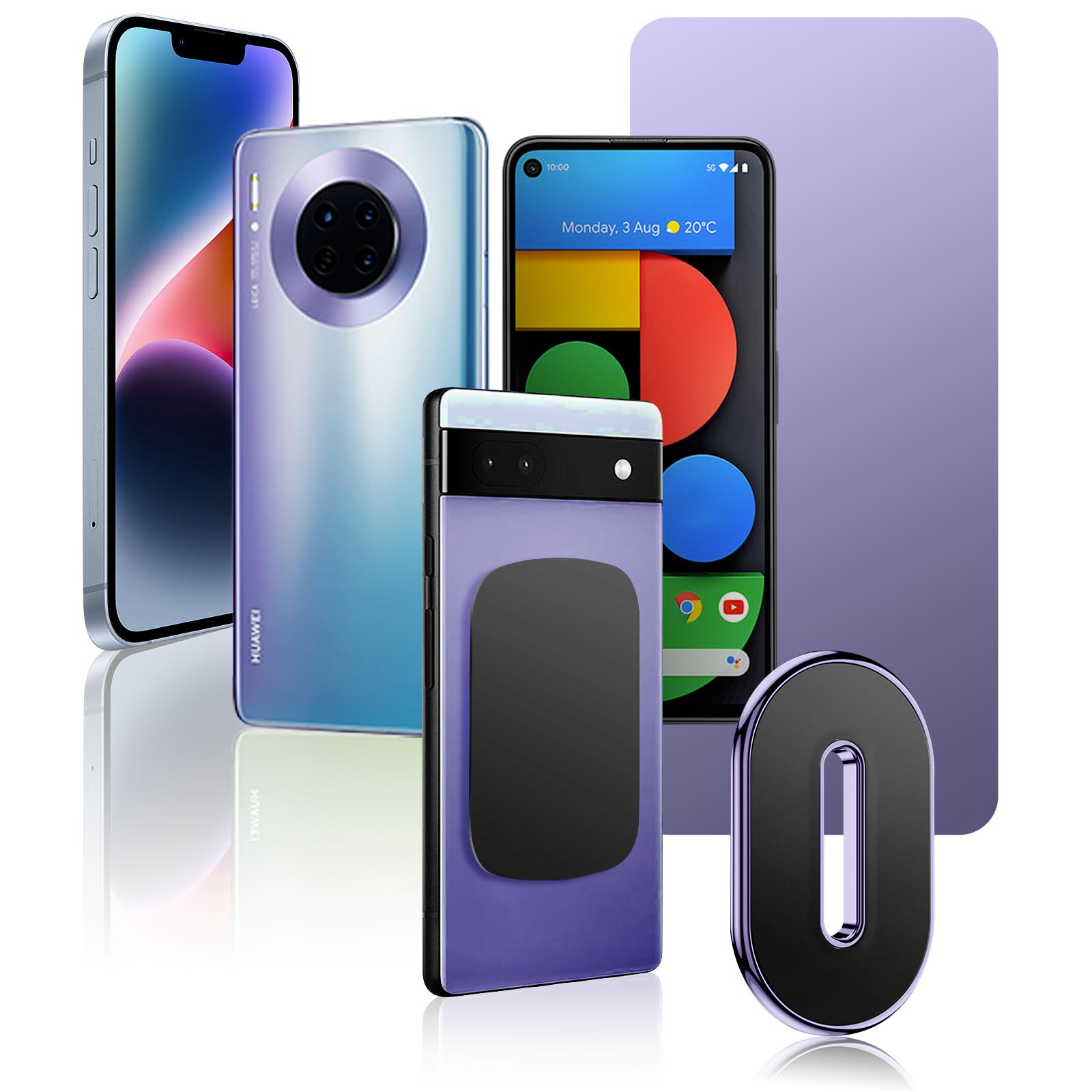 Verschiedene moderne Smartphones. Verschiedene Farben und Designs sind auf einer reflektierenden Oberfläche angeordnet.