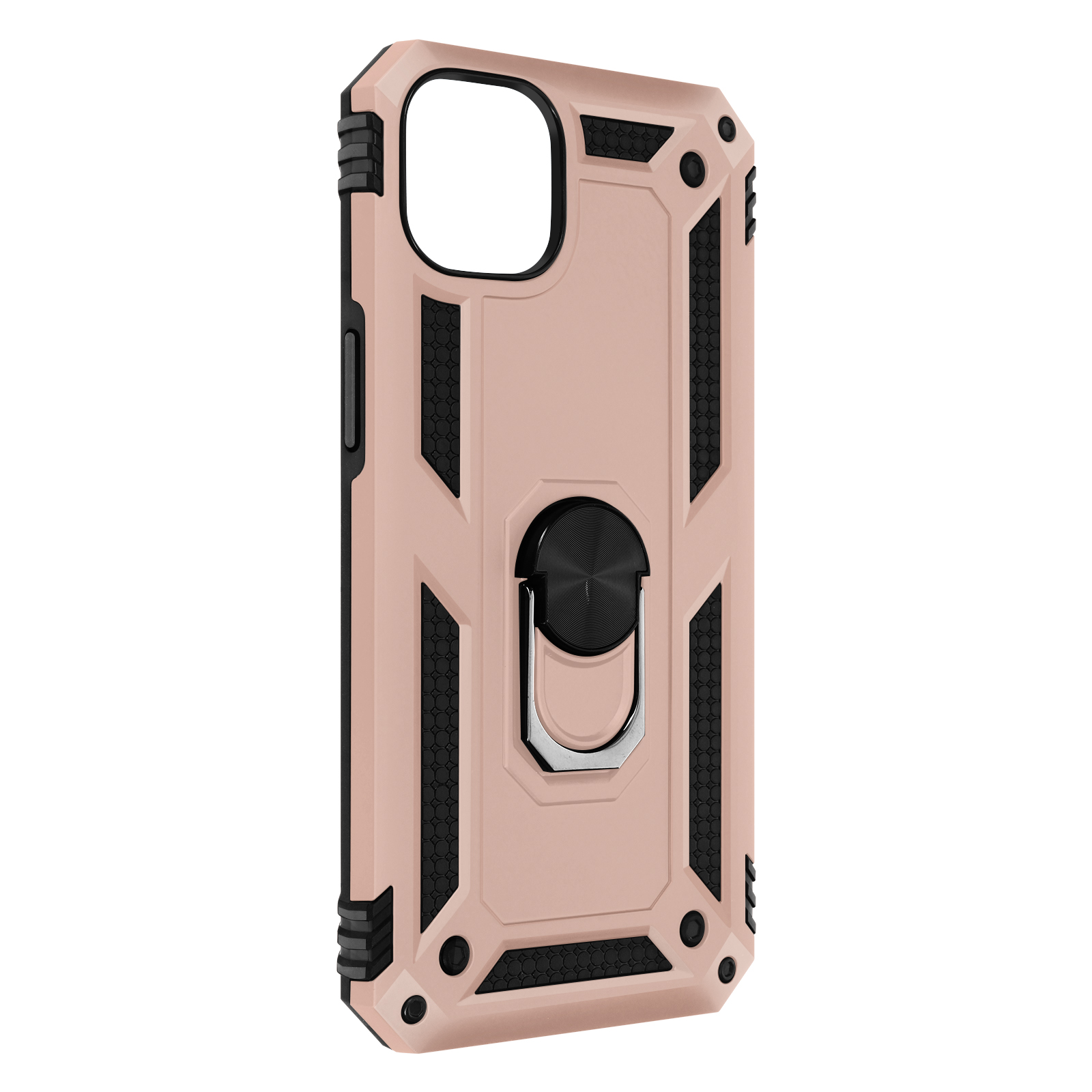 Una custodia rosa per telefono con dettagli neri e un porta anello viene mostrata.