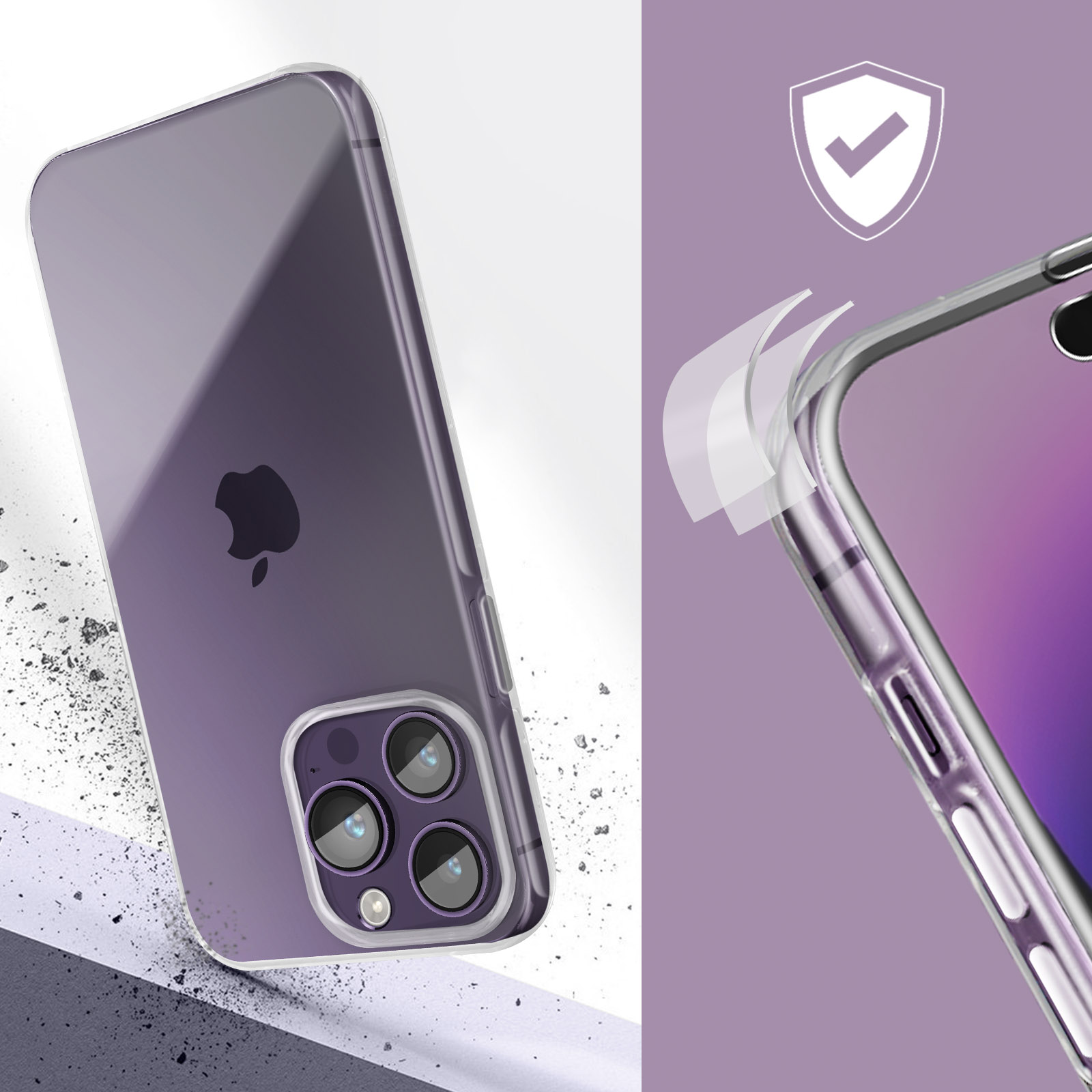 Una custodia viola con bordo trasparente, icona scudo e primo piano della fotocamera.