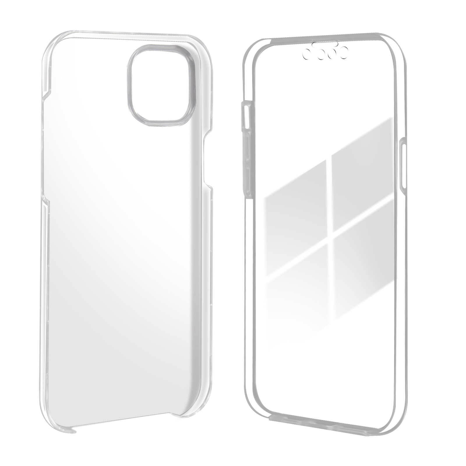 Deux coques de téléphone transparentes. L'une est ouverte, l'autre fermée. Le fond est blanc.