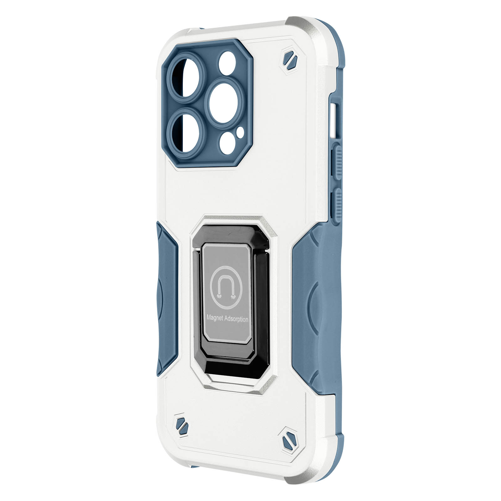Custodia per telefono bianca e blu. Presenta un anello metallico per il montaggio.