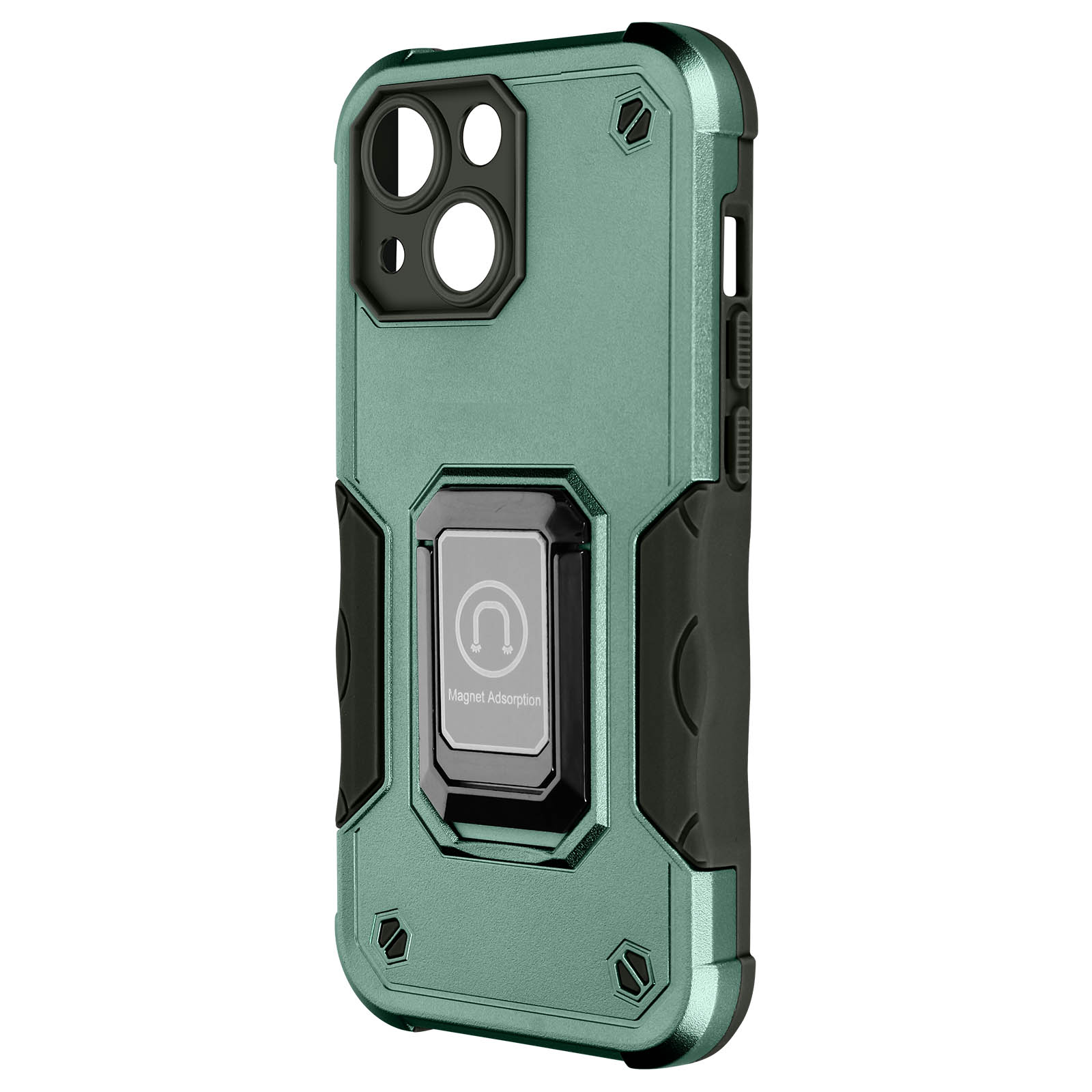 Custodia per telefono verde con ritagli per fotocamera e un supporto ad anello su sfondo bianco.