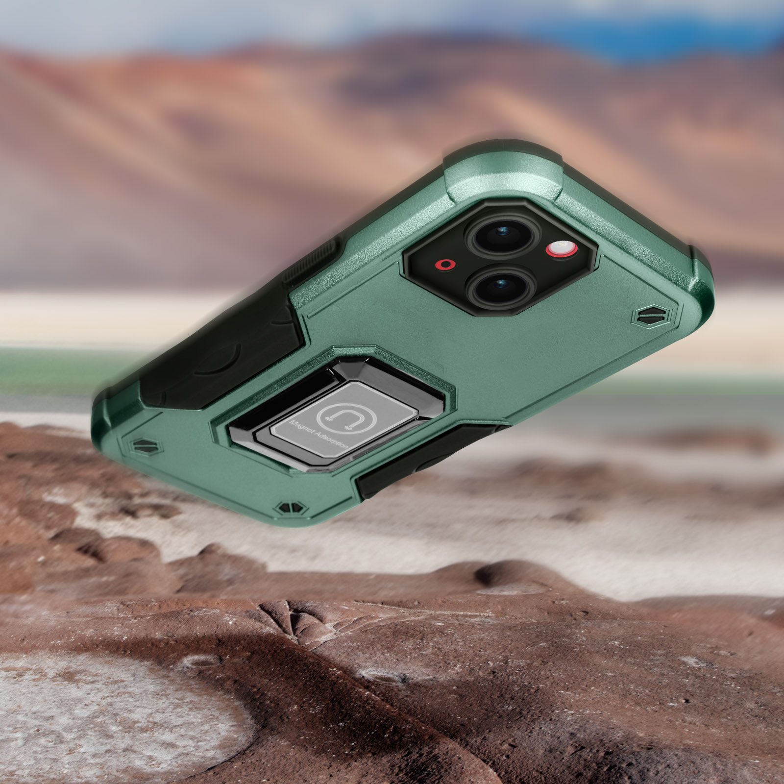 Custodia per telefono verde, con un supporto ad anello, sospesa in aria sopra una superficie rocciosa.