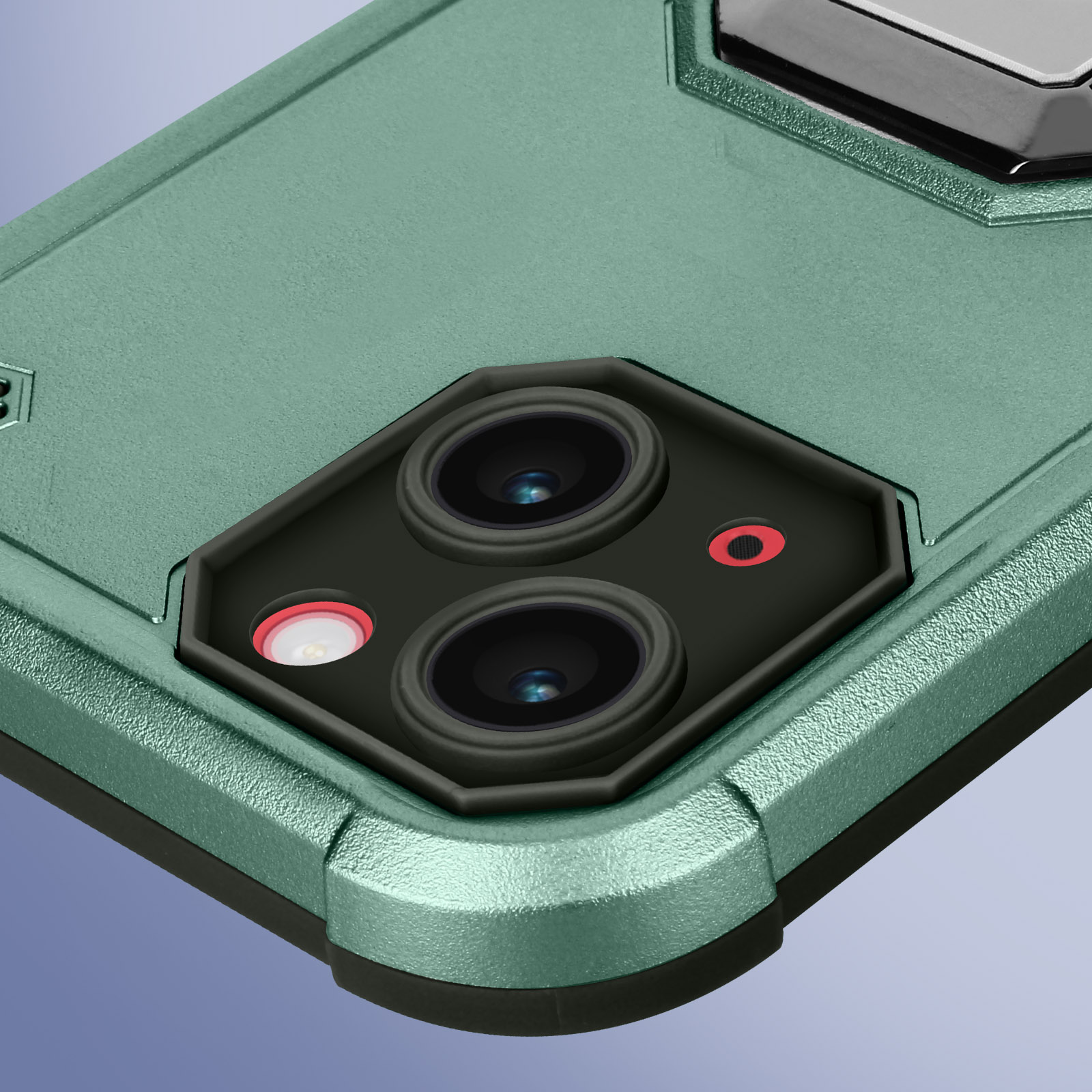 Primo piano di una custodia verde per telefono con tre obiettivi e un supporto ad anello su sfondo blu.