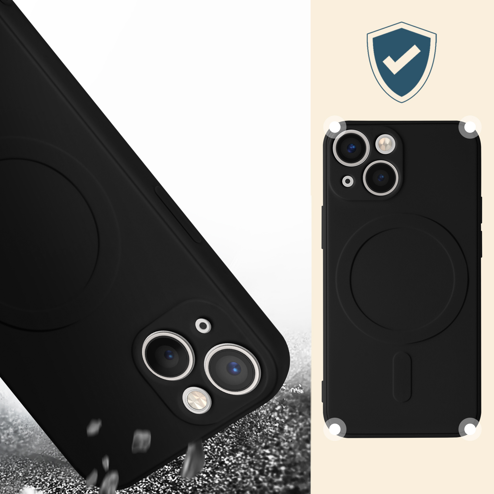 Coque de téléphone noire avec cercle magnétique. L'étui est sur fond blanc.