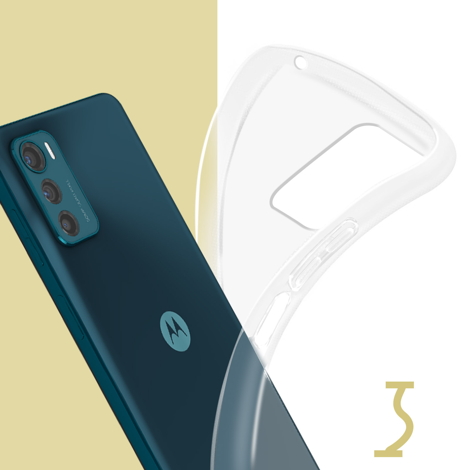 Un telefono con una custodia trasparente. Un'altra custodia trasparente viene mostrata accanto. Sfondo blu.