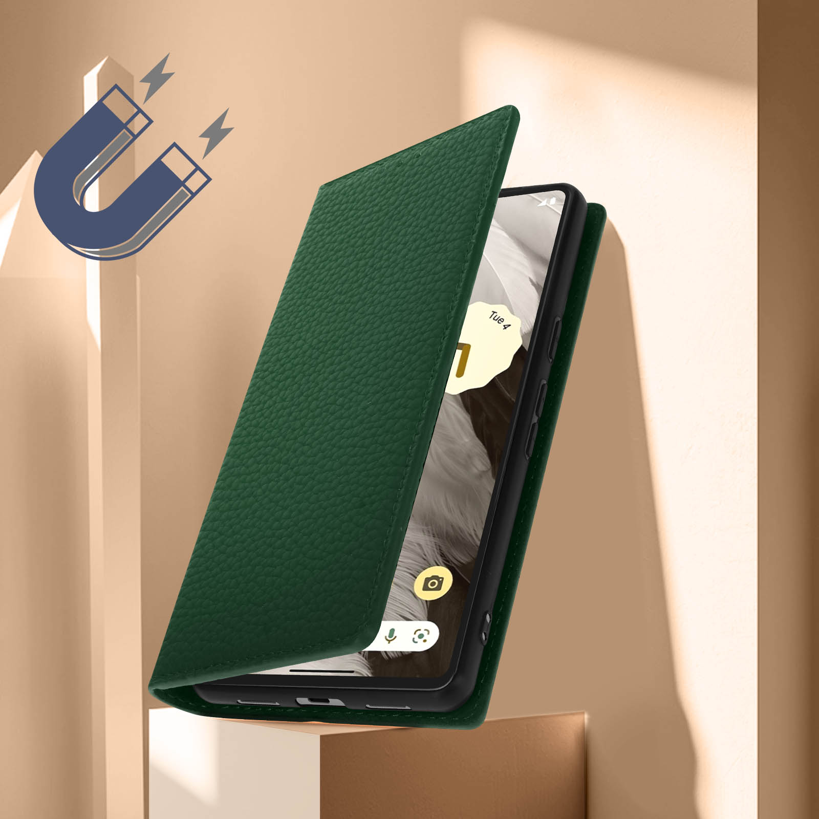 Coque verte ouverte, montrant l'écran du téléphone, avec design magnétique.