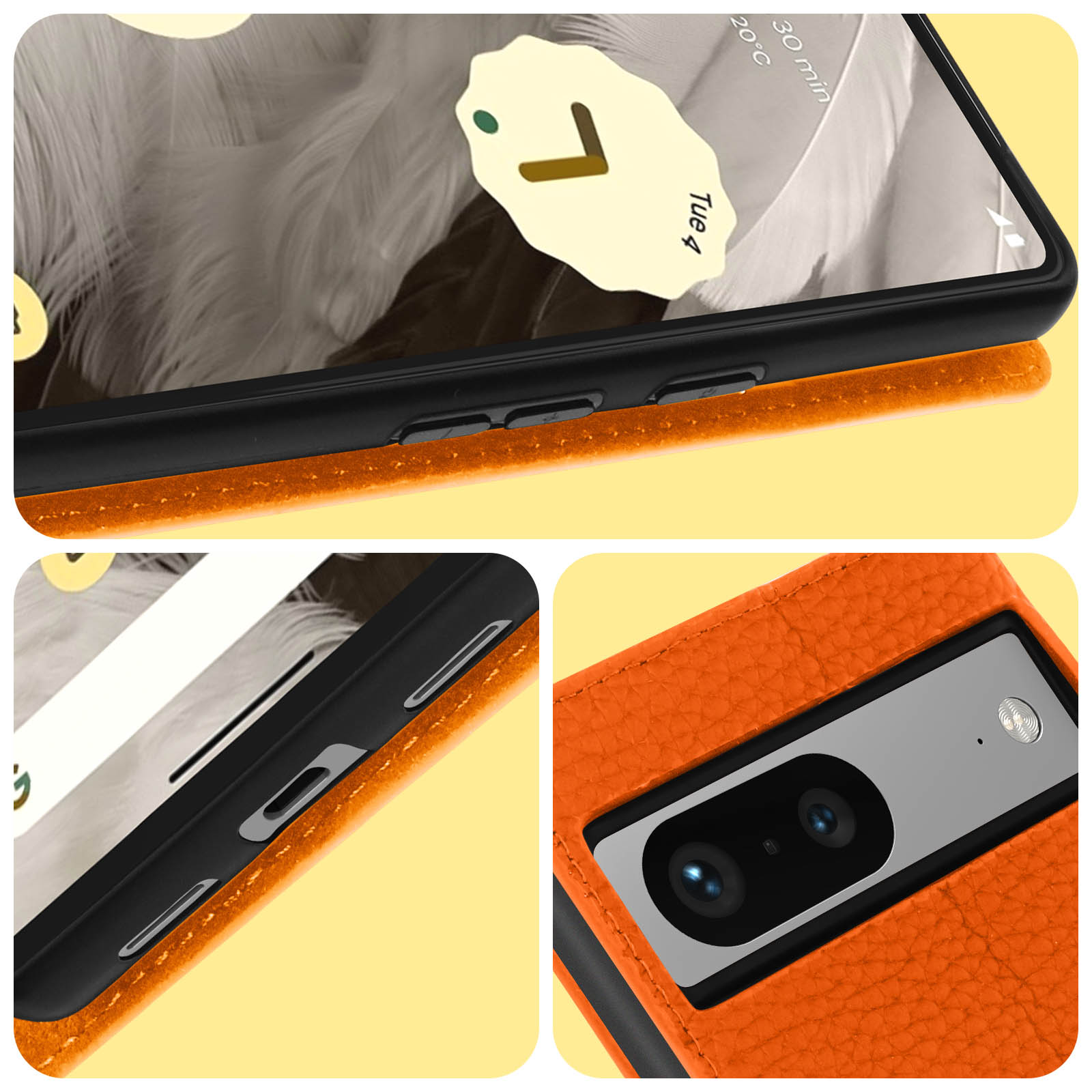 Close-ups van een telefoon: scherm met UI, zwarte zijkant met knoppen, oranje lederen hoes.