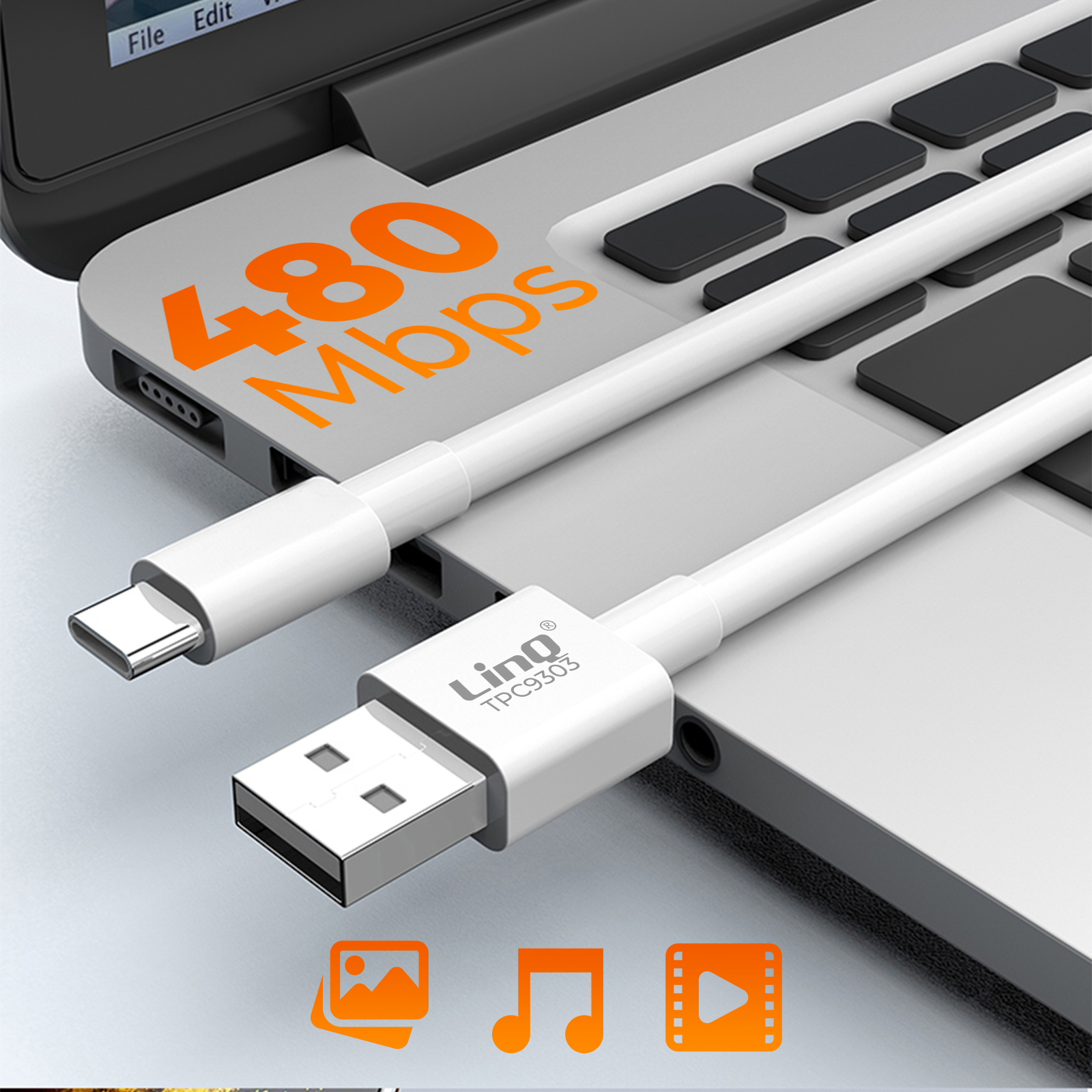 Cavo USB-C bianco con connettore USB, un laptop e icone per immagini, musica e video.