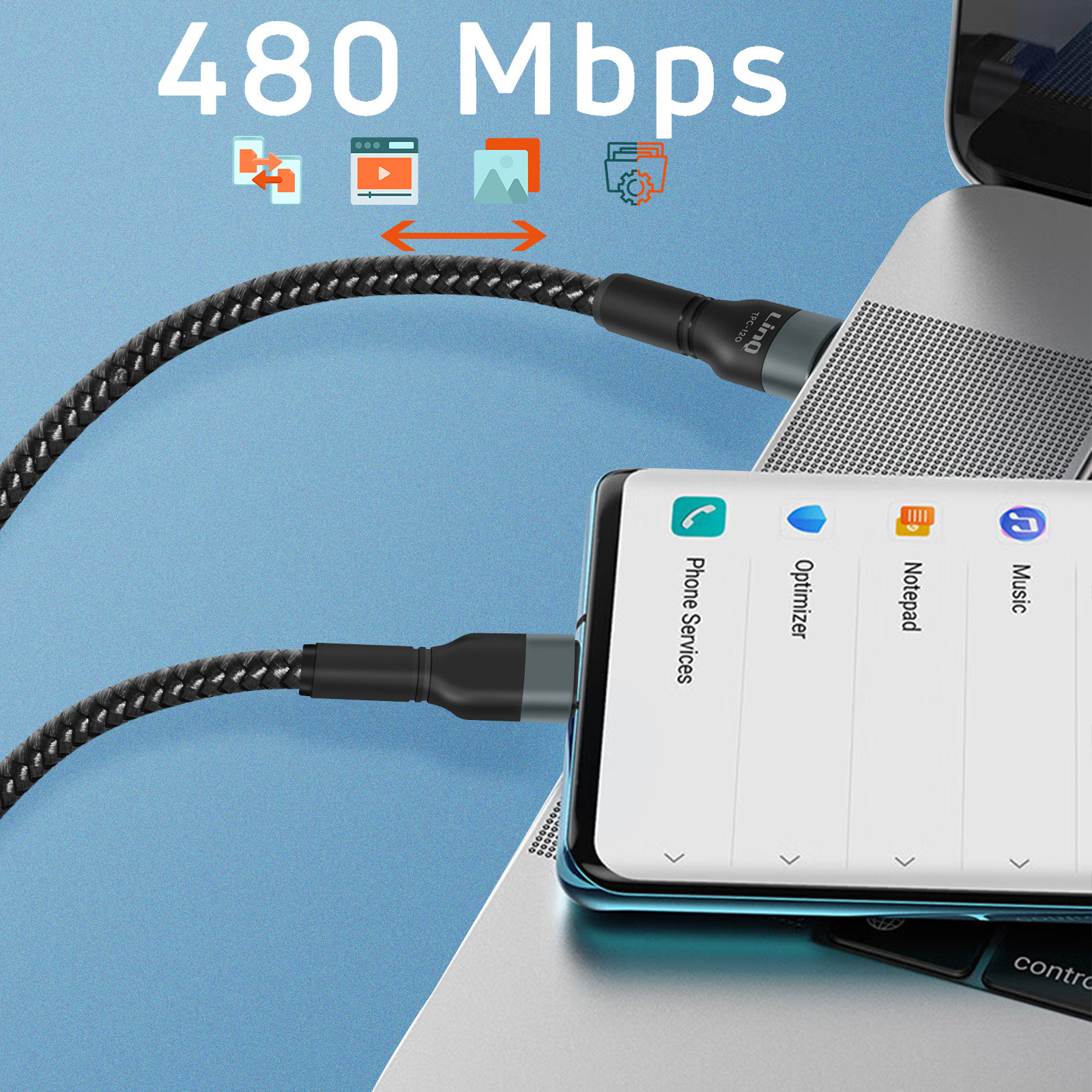 Telefono collegato tramite cavo a un laptop, con testo: 480 Mbps e alcune icone.