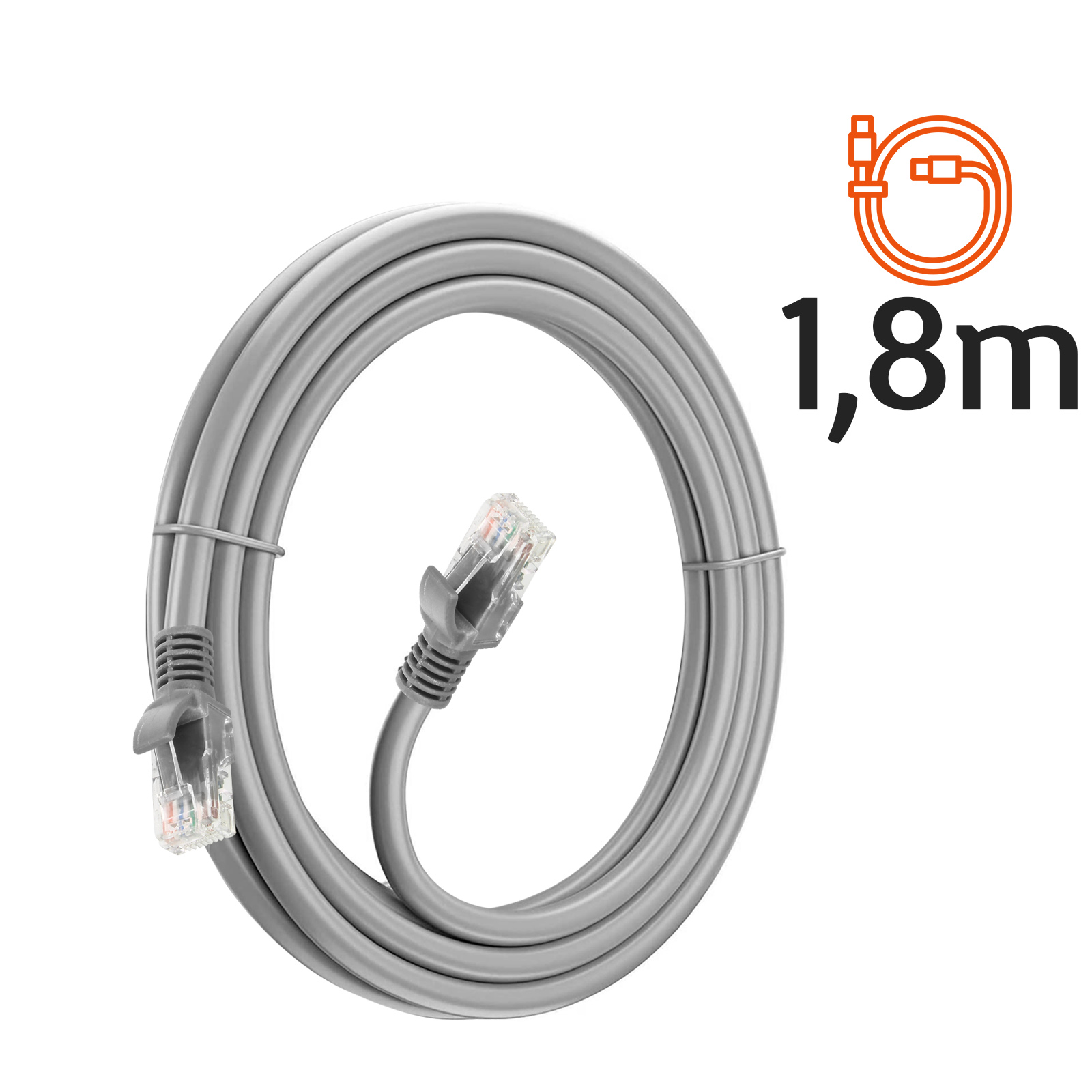 Un câble Ethernet gris avec des connecteurs est enroulé. L'indicateur de longueur indique 1,8 m.