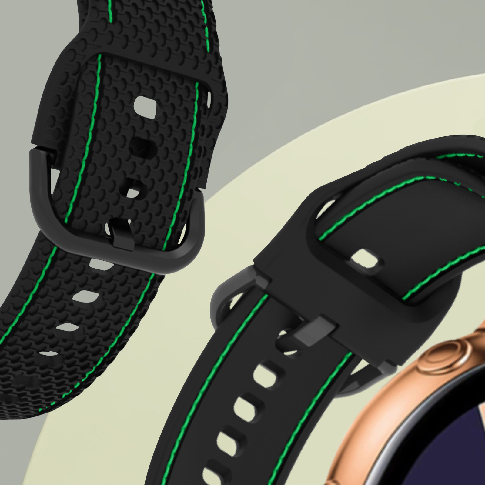 Correas de reloj con detalles verdes. Dos correas, negras con costuras verdes.