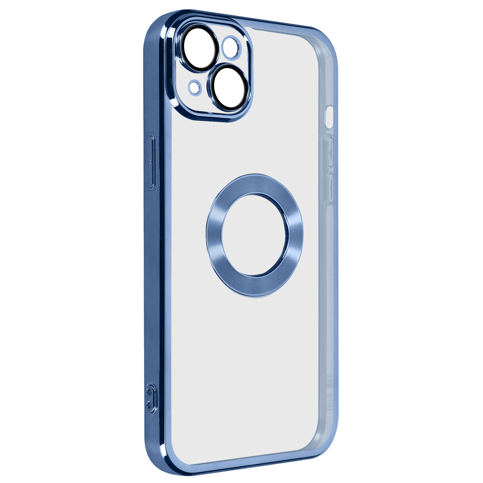 Custodia blu per iPhone con protezione fotocamera e anello magnetico. Sfondo bianco.