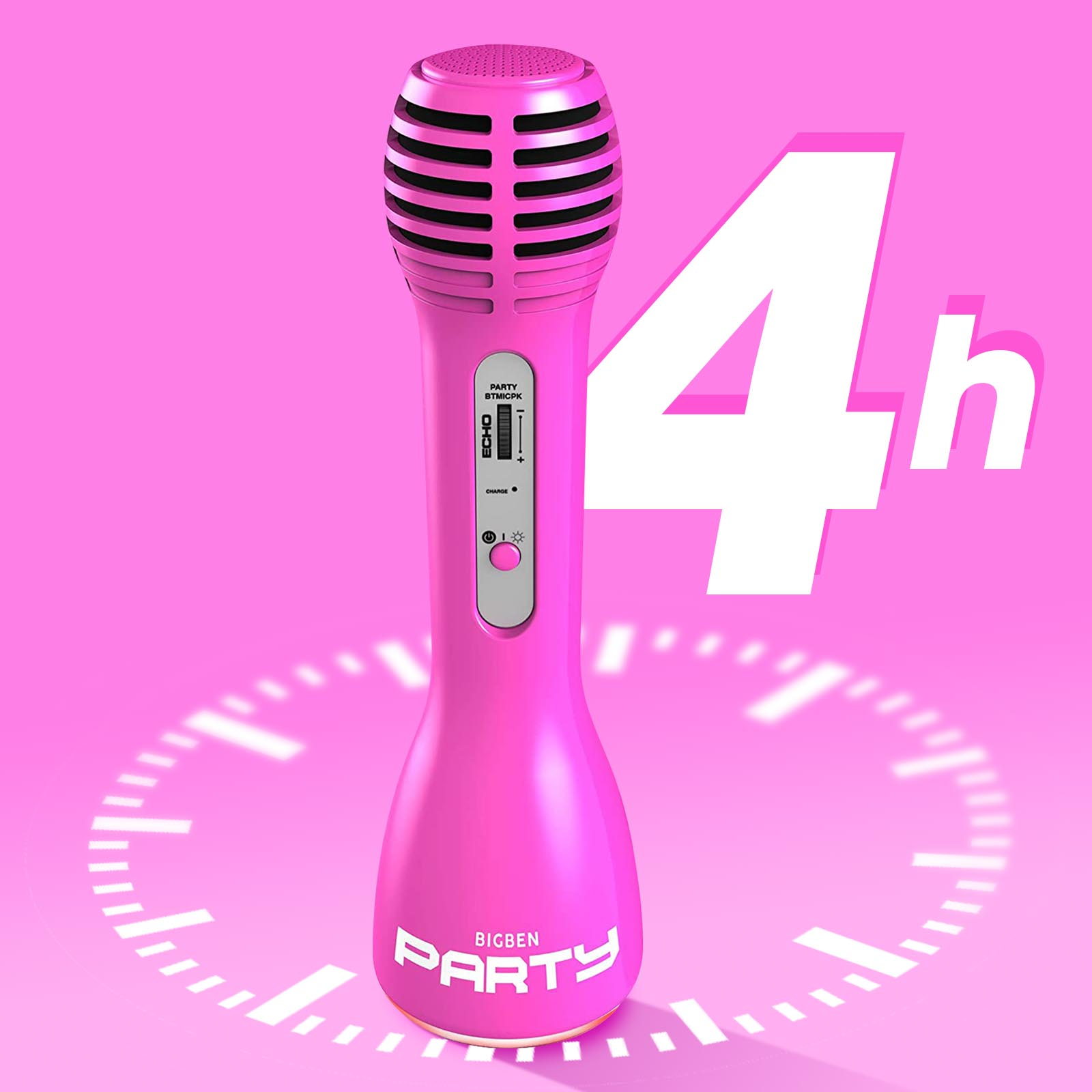 Microfono karaoke rosa con controlli. Il numero 4h è visualizzato su sfondo rosa.