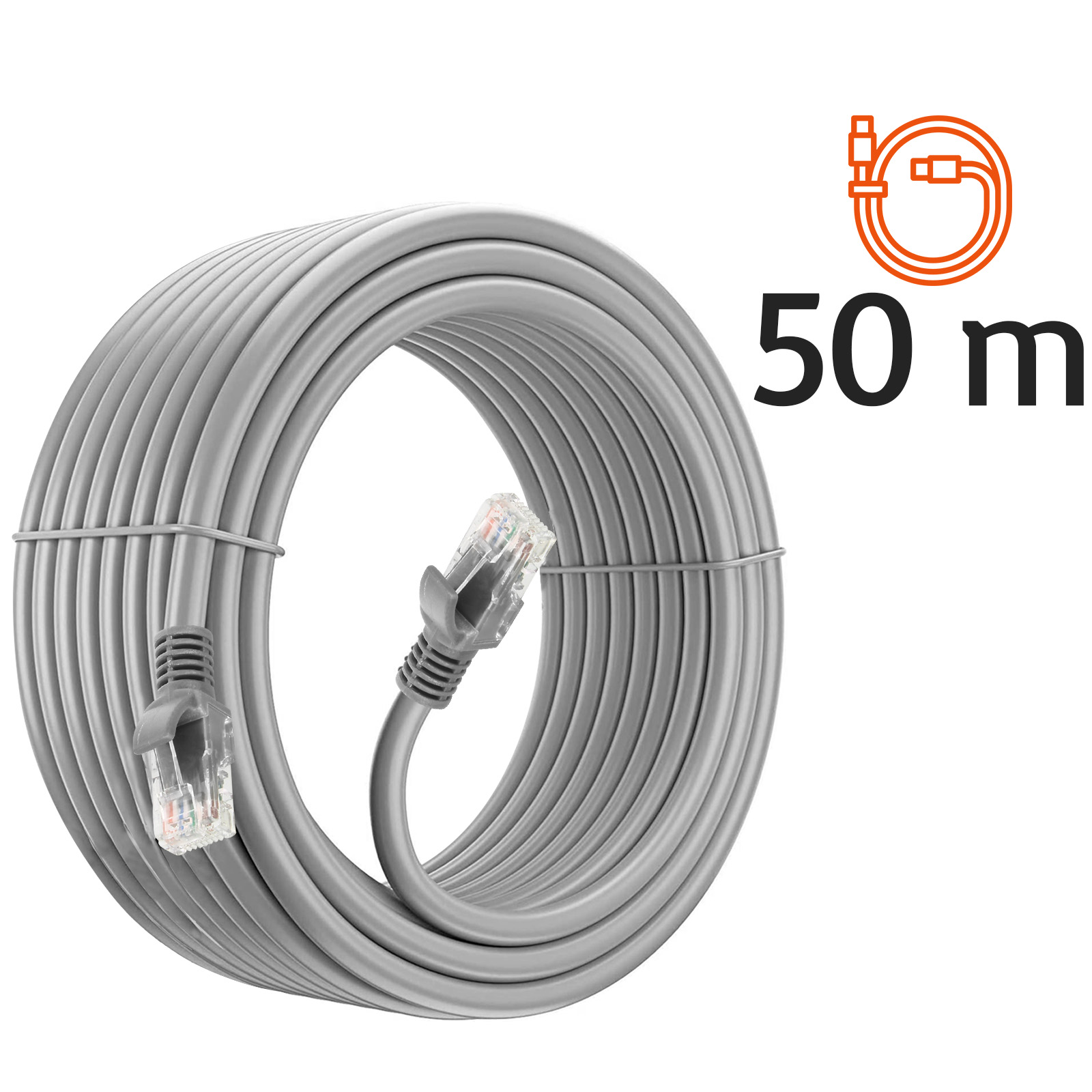 Ein graues Netzwerkkabel aufgerollt. Das Kabel ist mit 50 m gekennzeichnet. Die Anschlüsse sind sichtbar.