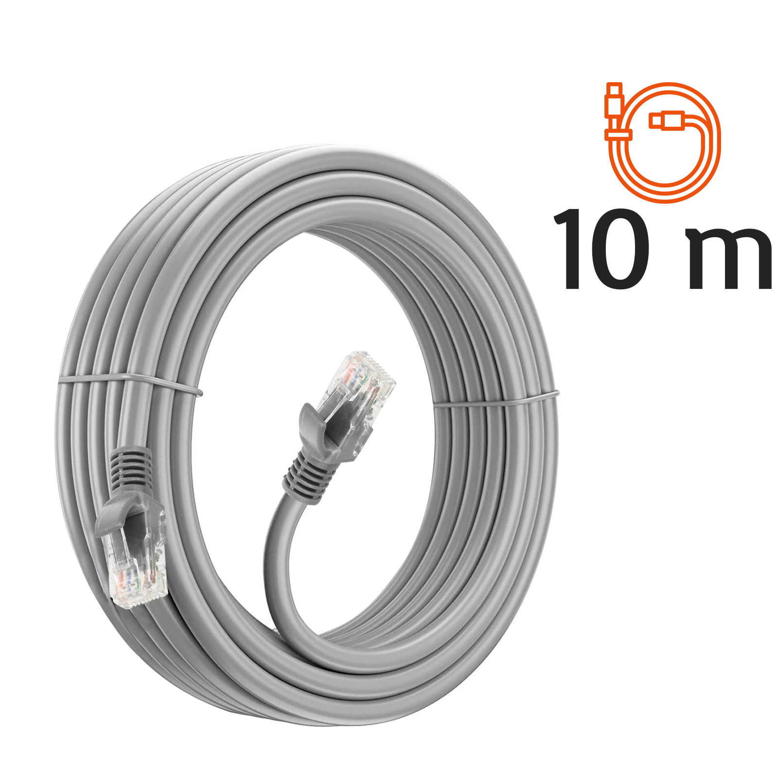 Graues Ethernet-Kabel, aufgerollt, mit Steckern an den Enden und 10m-Etikett.