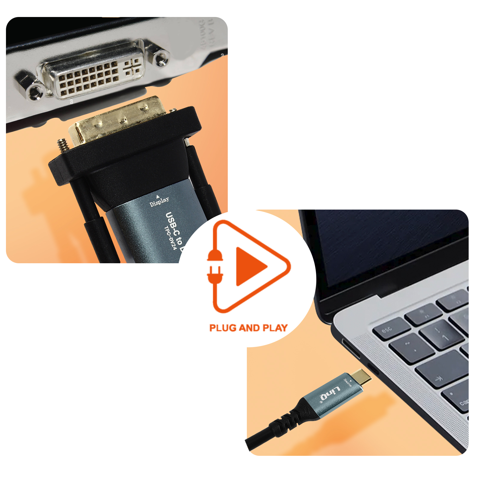 Zwei Geräte, die mit einem USB-C-zu-DVI-Kabel verbunden sind. Ein Wiedergabesymbol ist zentriert.