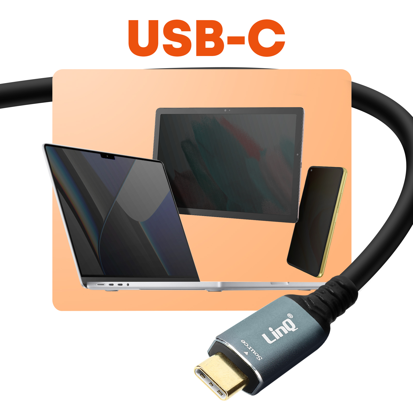 Ein USB-C-Kabel neben einem Laptop, Tablet und Telefon. Das Kabel ist mit dem Text 'USB-C' beschriftet.