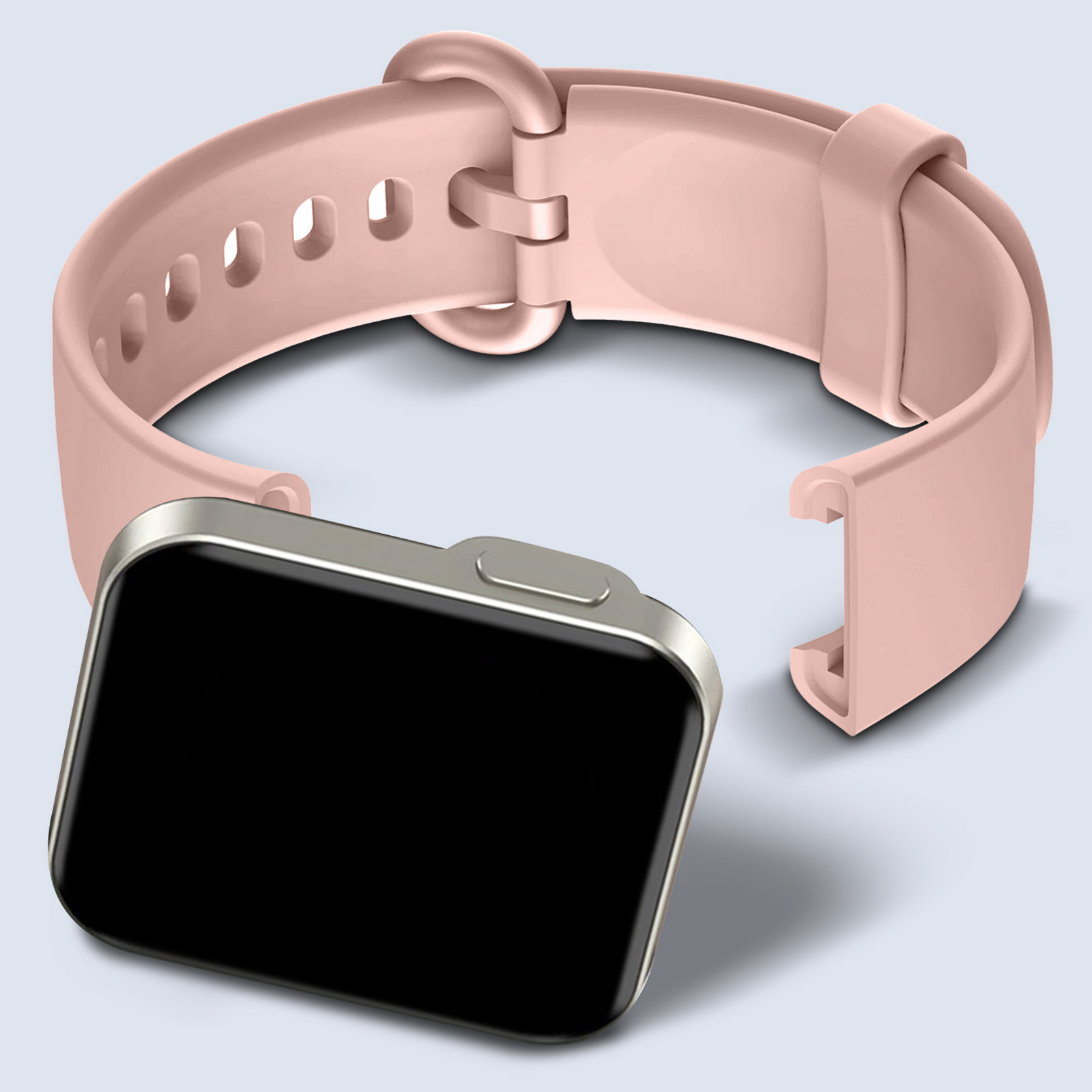 Correa de reloj rosa separada de un reloj plateado. La esfera del reloj es negra.