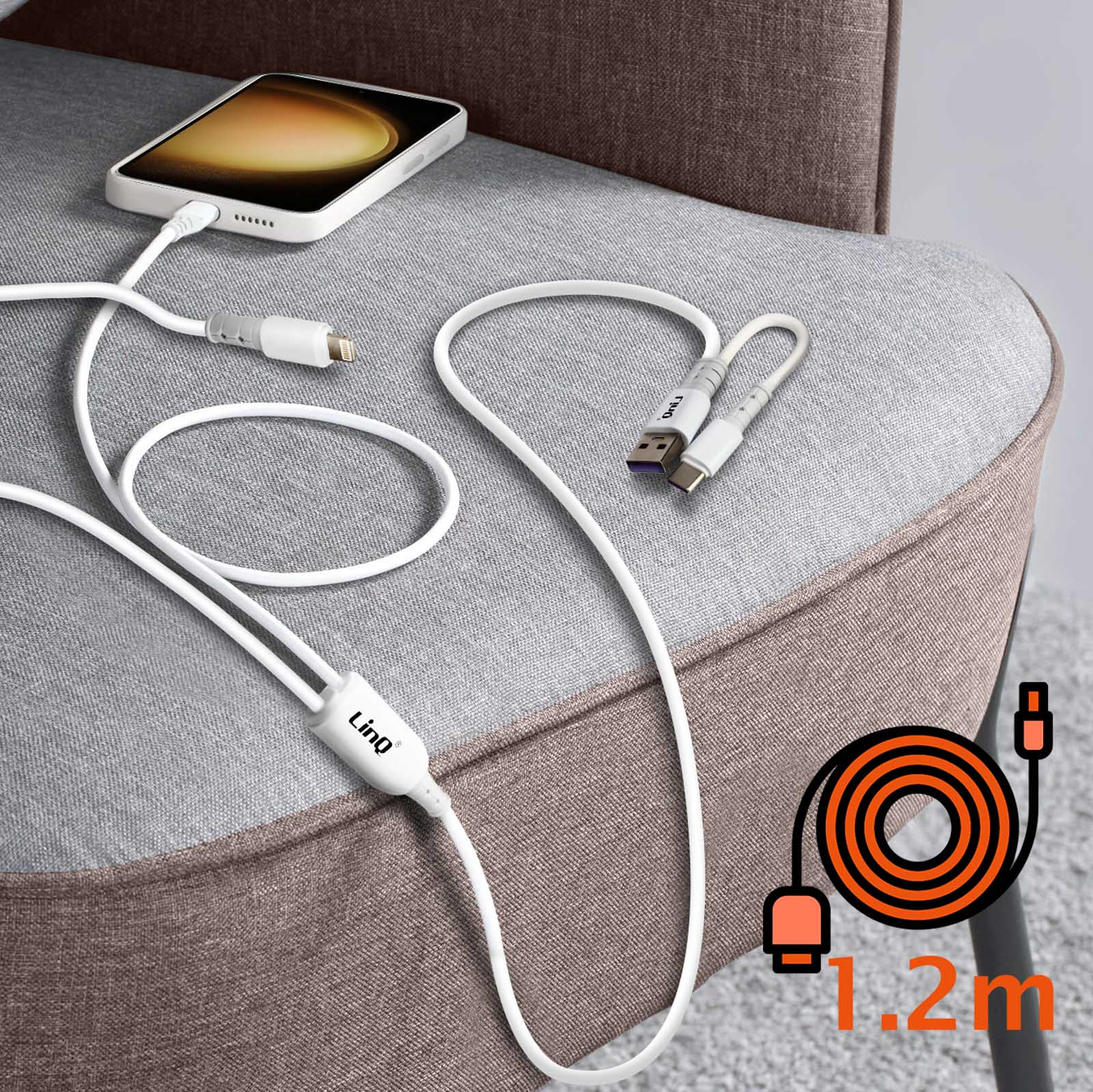 Ein weißes Telefonkabel, ein Telefon und ein Kabelhalter auf einem Stuhl. Das Kabel ist 1,2 m lang.