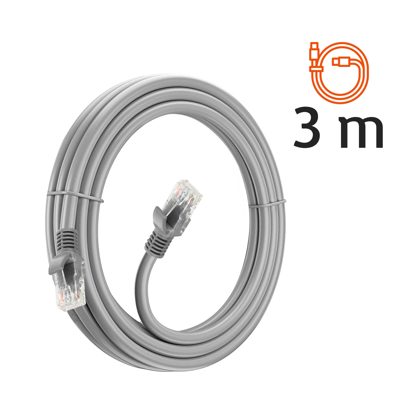 Câble réseau gris enroulé, avec connecteurs et étiquette 3m.