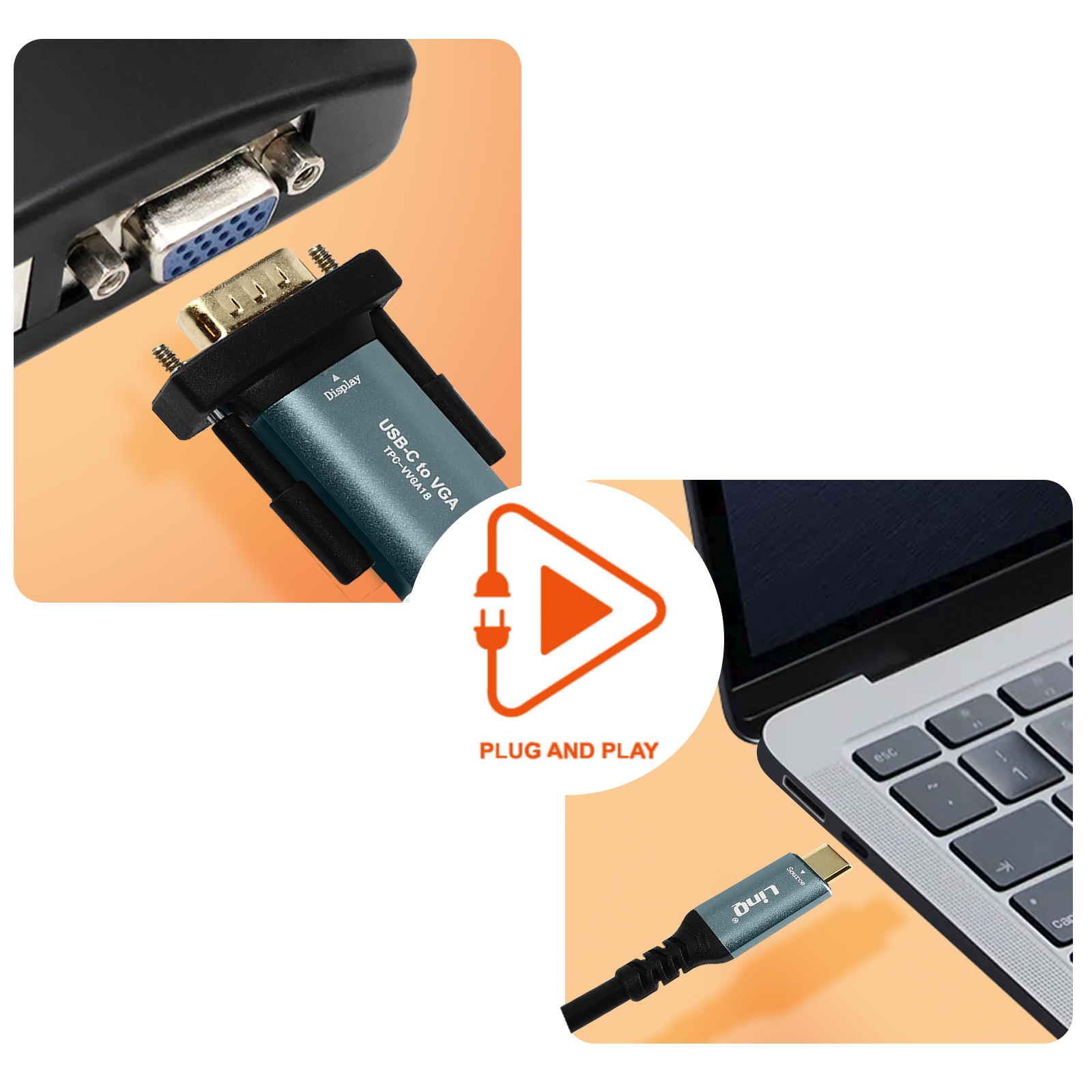 Ein USB-C-zu-VGA-Adapter, der an einen Laptop und ein Display angeschlossen ist. Text: Plug and Play.