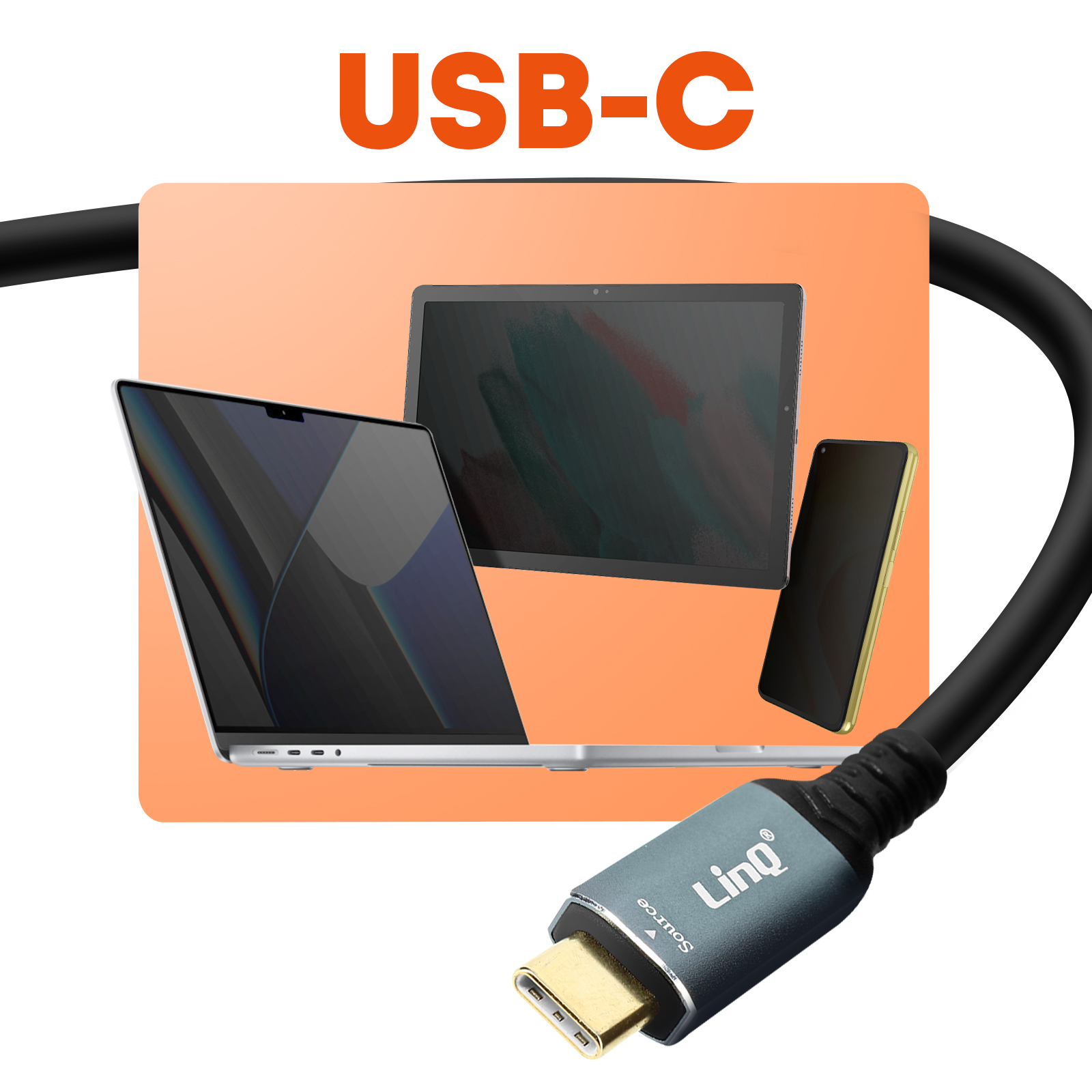Ein USB-C-Kabel mit einem Telefon, Tablet und Laptop im Hintergrund. Das Kabel ist angeschlossen.
