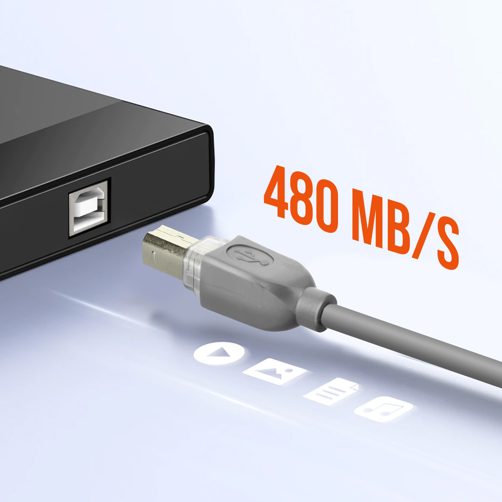 Ein schwarzer USB-Stick mit grauem Kabel und dem Schriftzug 480 MB/S in Orange.
