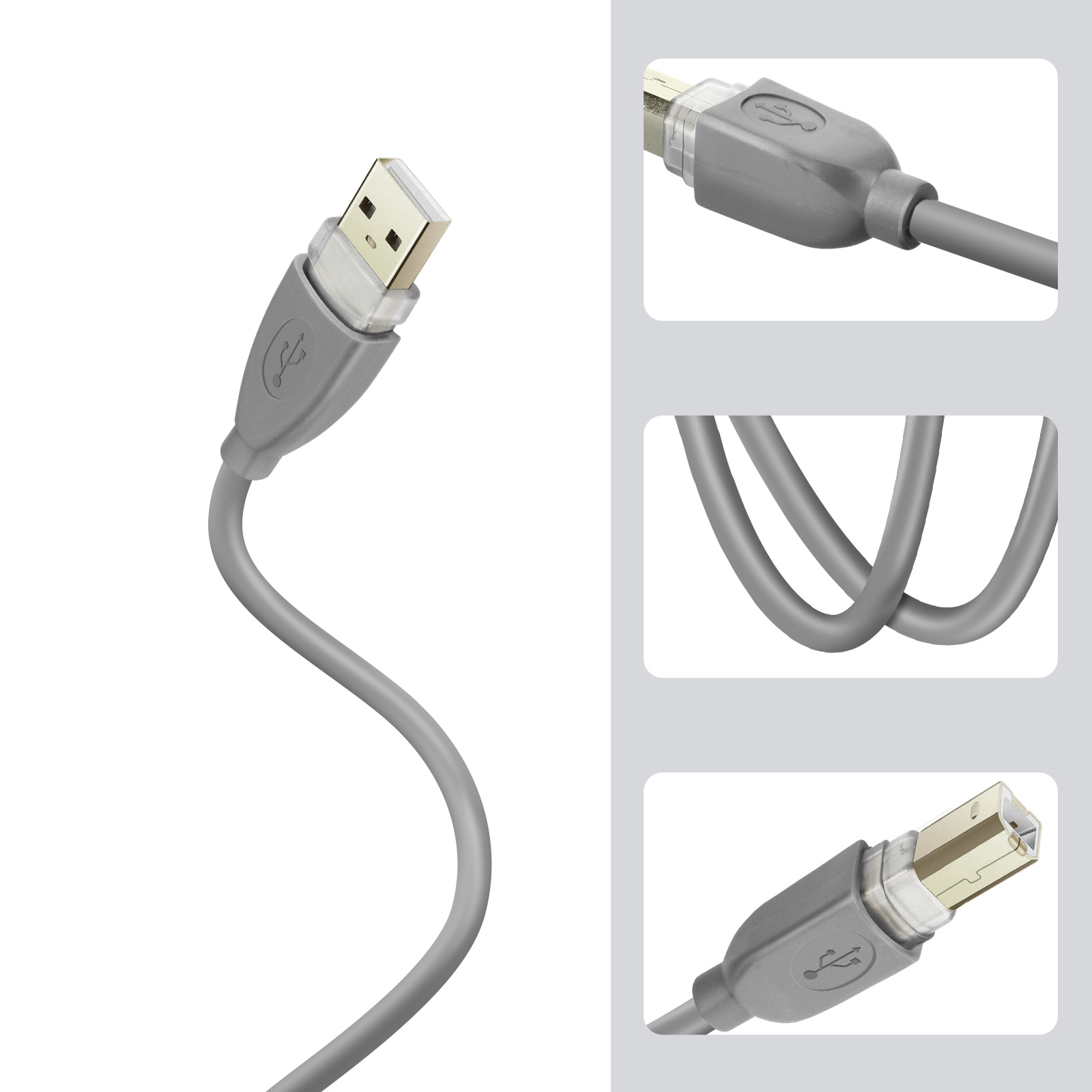 Graues USB-Kabel mit USB- und Micro-USB-Anschluss. Detailaufnahmen sind vorhanden.
