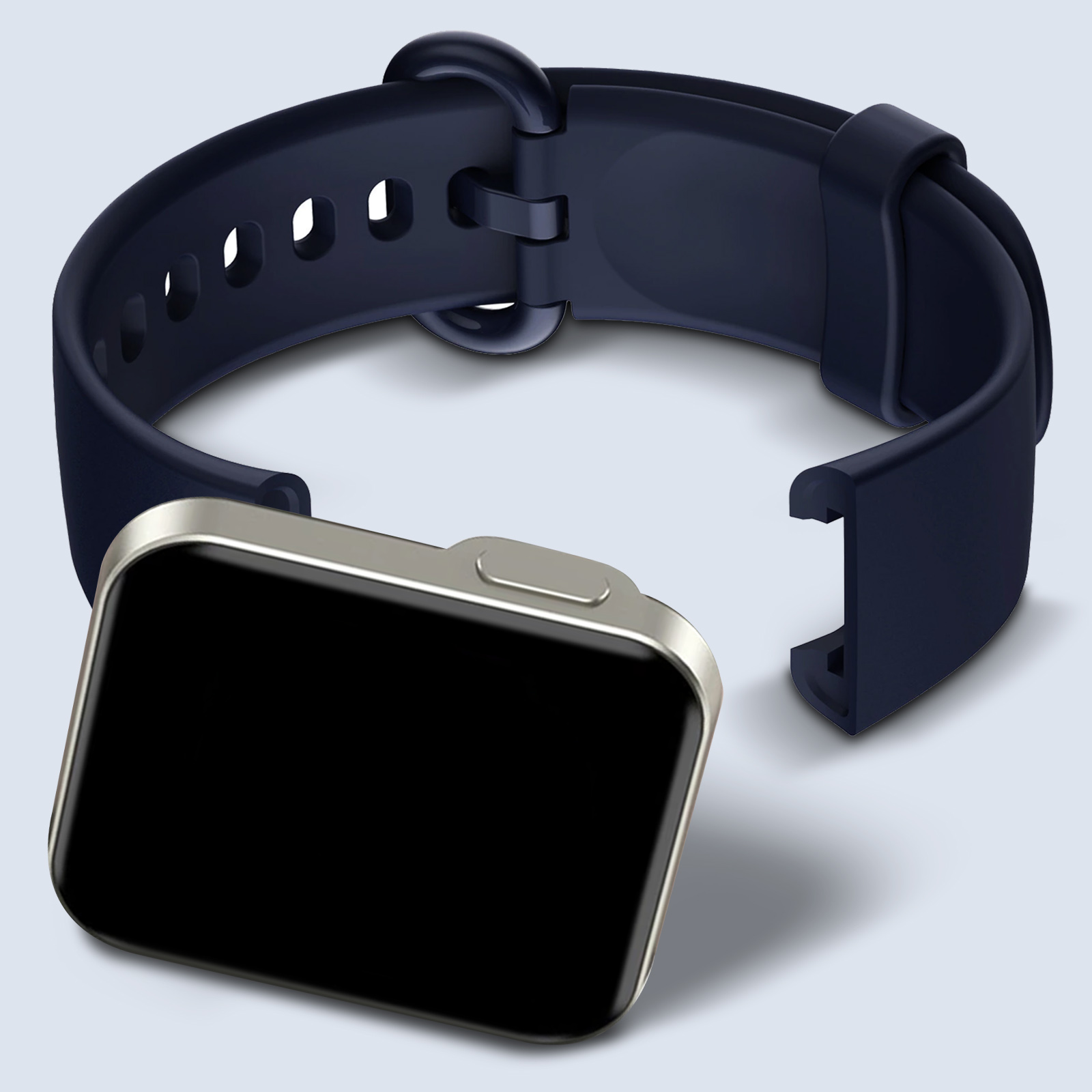 Smartwatch con correa azul oscuro. La esfera es negra.