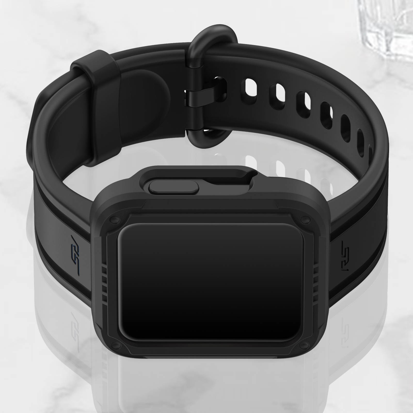 Un reloj inteligente negro con correa y caja negras. El reloj está sobre una superficie reflectante.