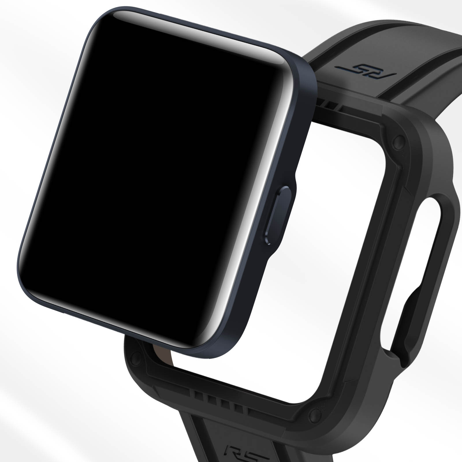 Un smartwatch con pantalla negra se inserta en una carcasa de reloj negra.