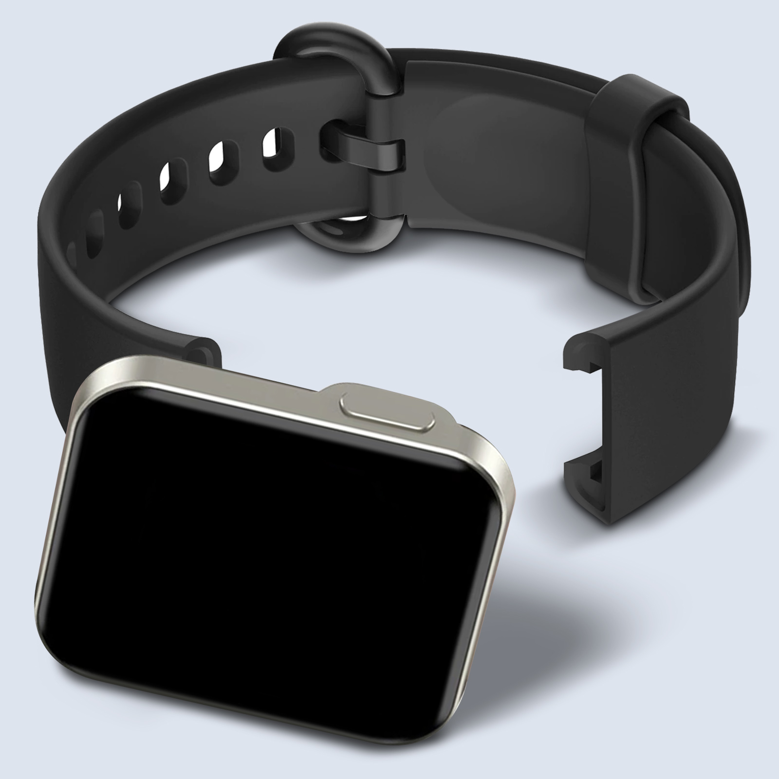 Uno smartwatch nero e cinturino nero separati su superficie azzurra.