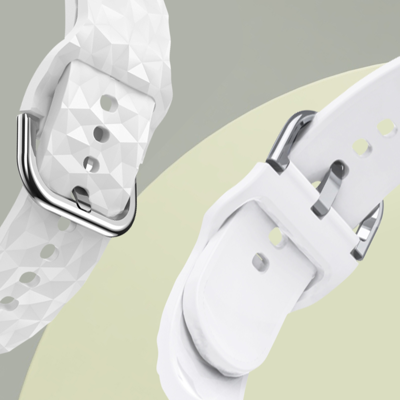 Dos correas de reloj blancas. Tienen un diseño geométrico y hebillas plateadas.