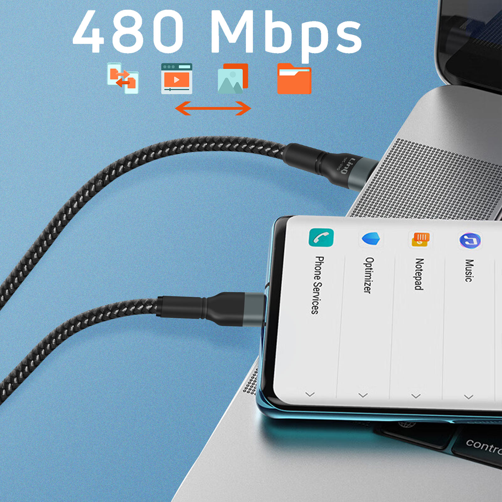 Telefono in carica con un cavo, che mostra le app del telefono. Il testo "480 Mbps" è visibile.
